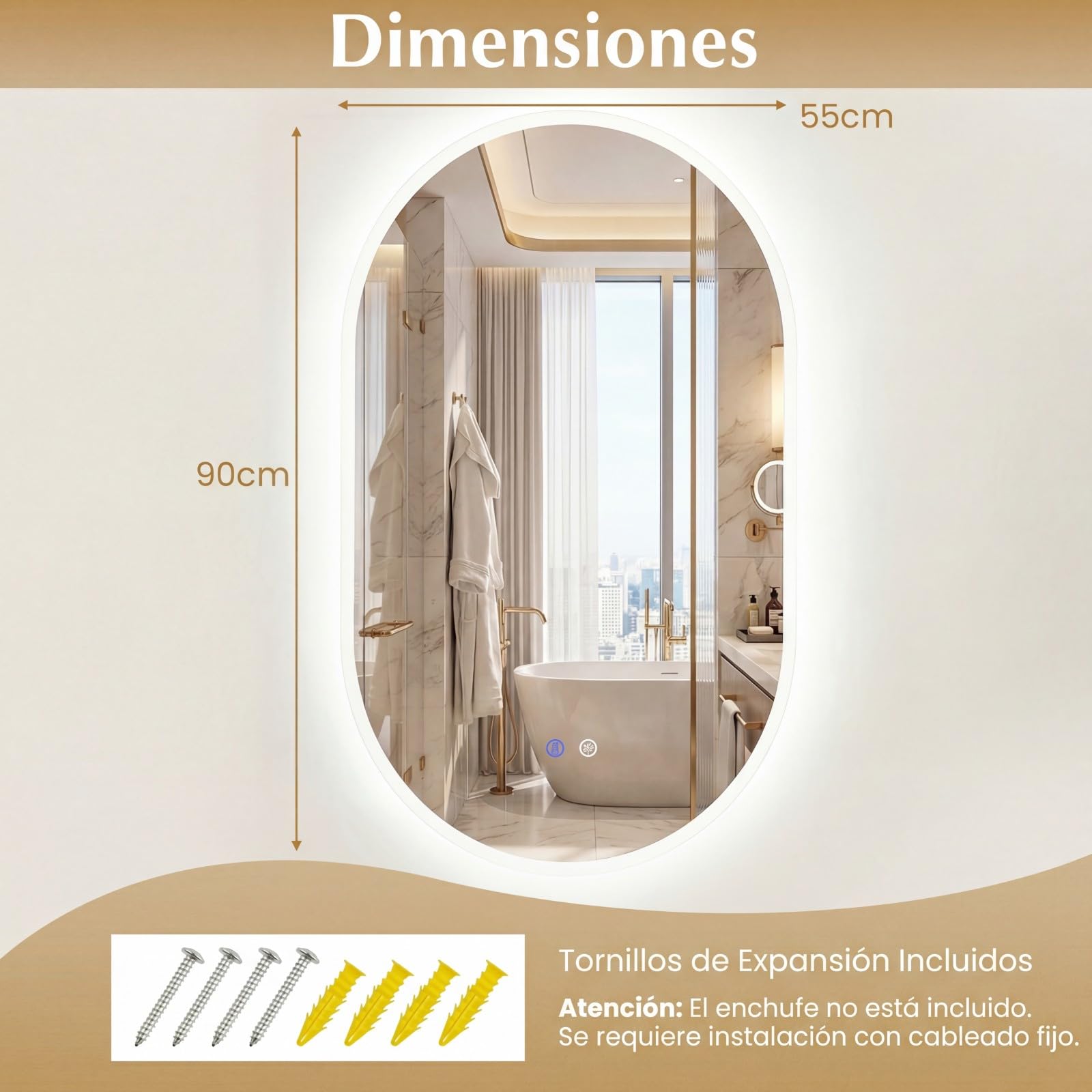 COSTWAY Espejo de Baño Iluminado con LED, Espejo Ovalado sin Marco con Luz, Vidrio Templado HD Antiimpacto Seguro, Función Antivaho, Interruptor Táctil y Temperatura de Color Regulable (90 x 55 cm)