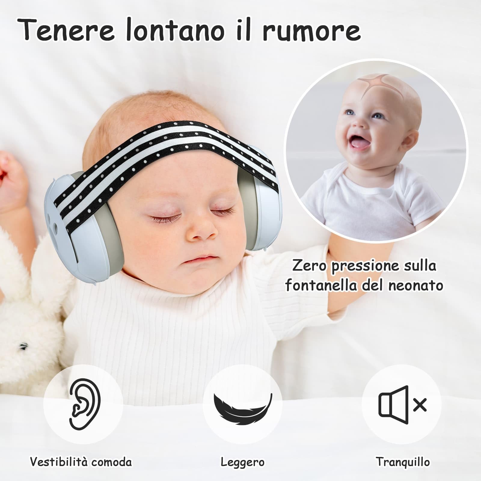 Yoofoss Cuffie Neonato Antirumore - Protezione dell'udito fino 25 dB - Protettori Acustici per Neonati 0-36 Mesi - Ideale per Viaggi in Aereo - CE - Fascia Regolabile, Confortevoli Paraorecchie - Nero