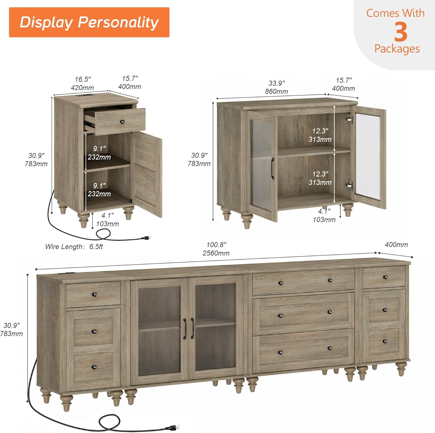 WAMPAT Modern TV Stand for 110 Inch TV, Media Console with 5 Drawers and 4 Storages, Mid Century TV Console Table for 100 90 85 inch TV，Wood Entertainment Center for Bedroom and Living Room, Wash Grey