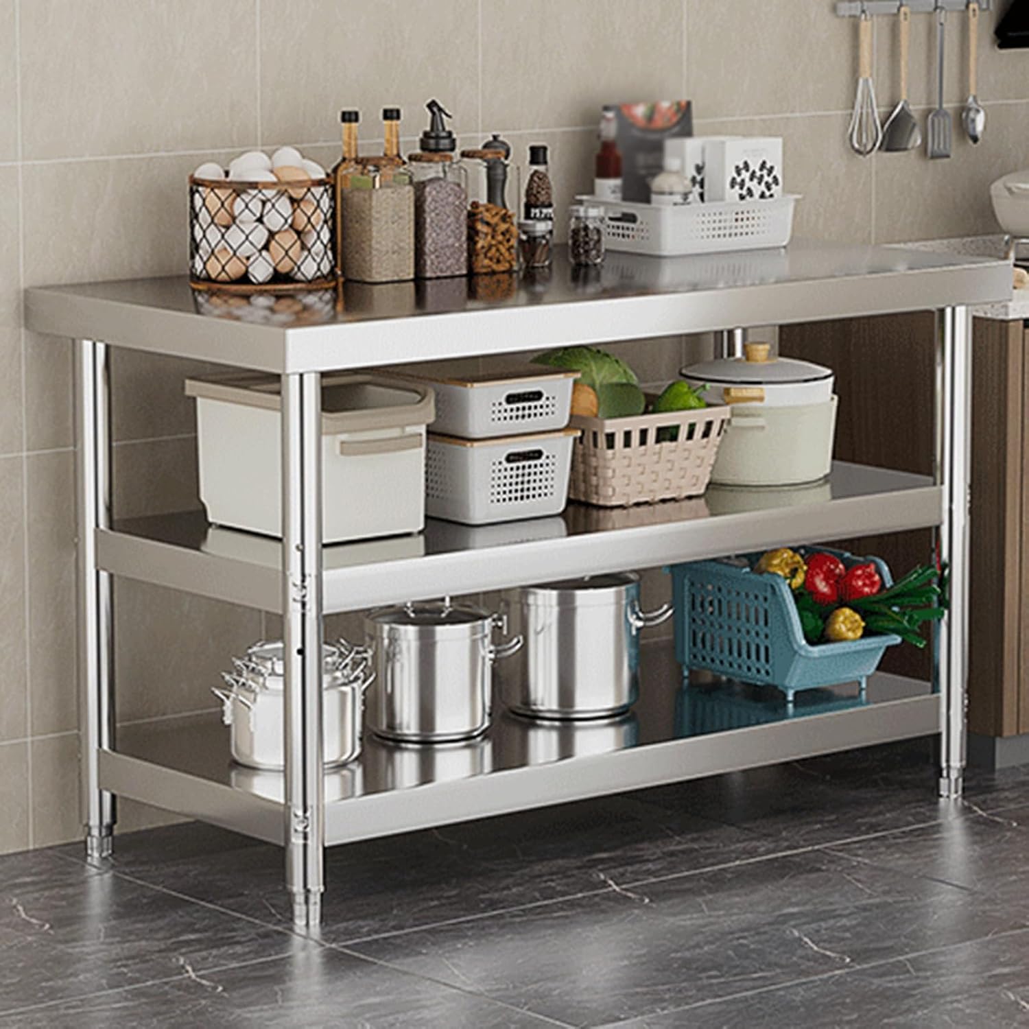 Stainless Steel Workbench Triple Prep Table Thickened Kitchen Metal Table with Adjustable Tiers Open Storage Shelves Sturdy Structure(23.6 * 15.7 * 31.5in)