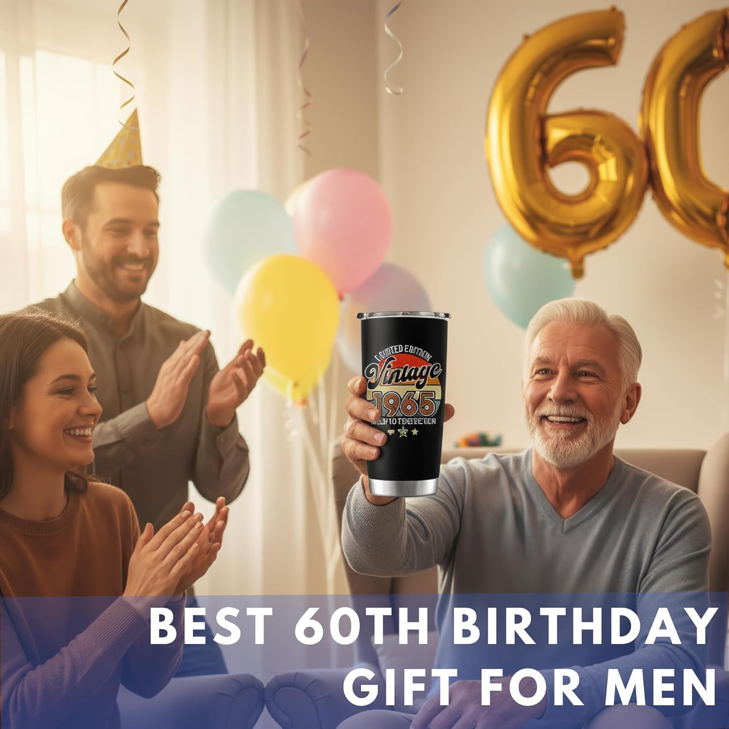 60th Birthday Gifts For Men Women, 1965 Birthday Gifts For Her Him, 60 Year Old Present, Turning 60 Year Old Gifts For Man, Woman, Mom, Dad, Wife, Husband, Sister - Vintage 1965 Tumbler with Keychain - Image 3