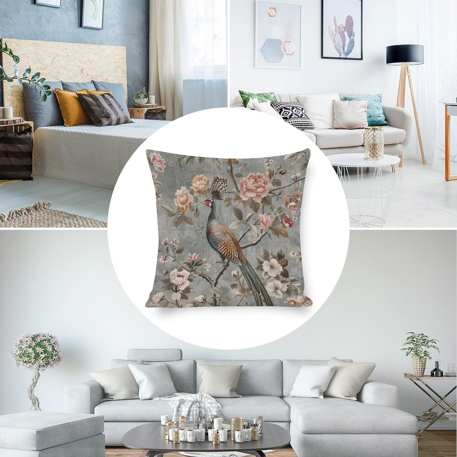 Farmhouse Floral Pillow Covers 16x16 - Birds And Flowers Spring Decor Linen Cushion Cases - View #3