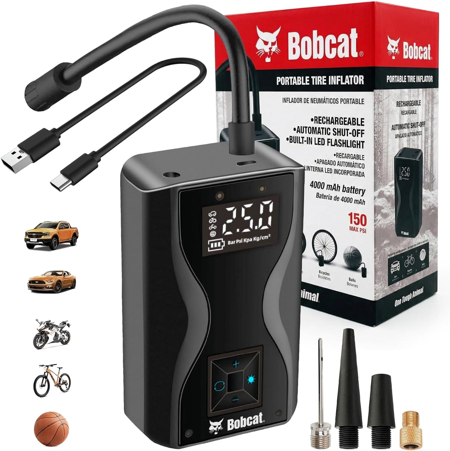 Bobcat - Gonfiatore portatile per pneumatici, ricaricabile, con display a LED, spegnimento automatico, torcia integrata, compatto e portatile, per auto, biciclette, palloni e altro, 150 PSI