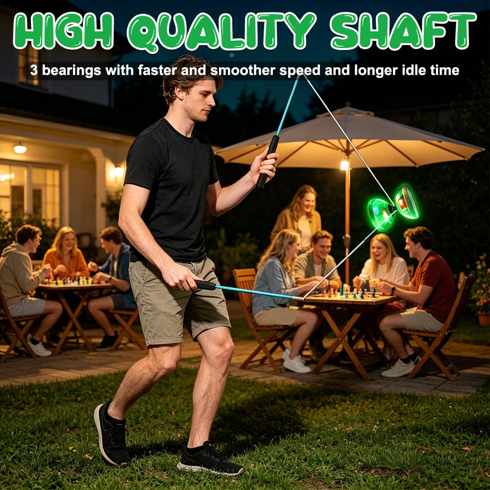 Diabolo mit Kugellager, Led Diabolo Kugellager mit Professionellem Stick, Transparent Weichgummi DIABOLO Leuchtend, Jonglierspielzeug für Erwachsene, Profispieler und Anfänger (Grün)