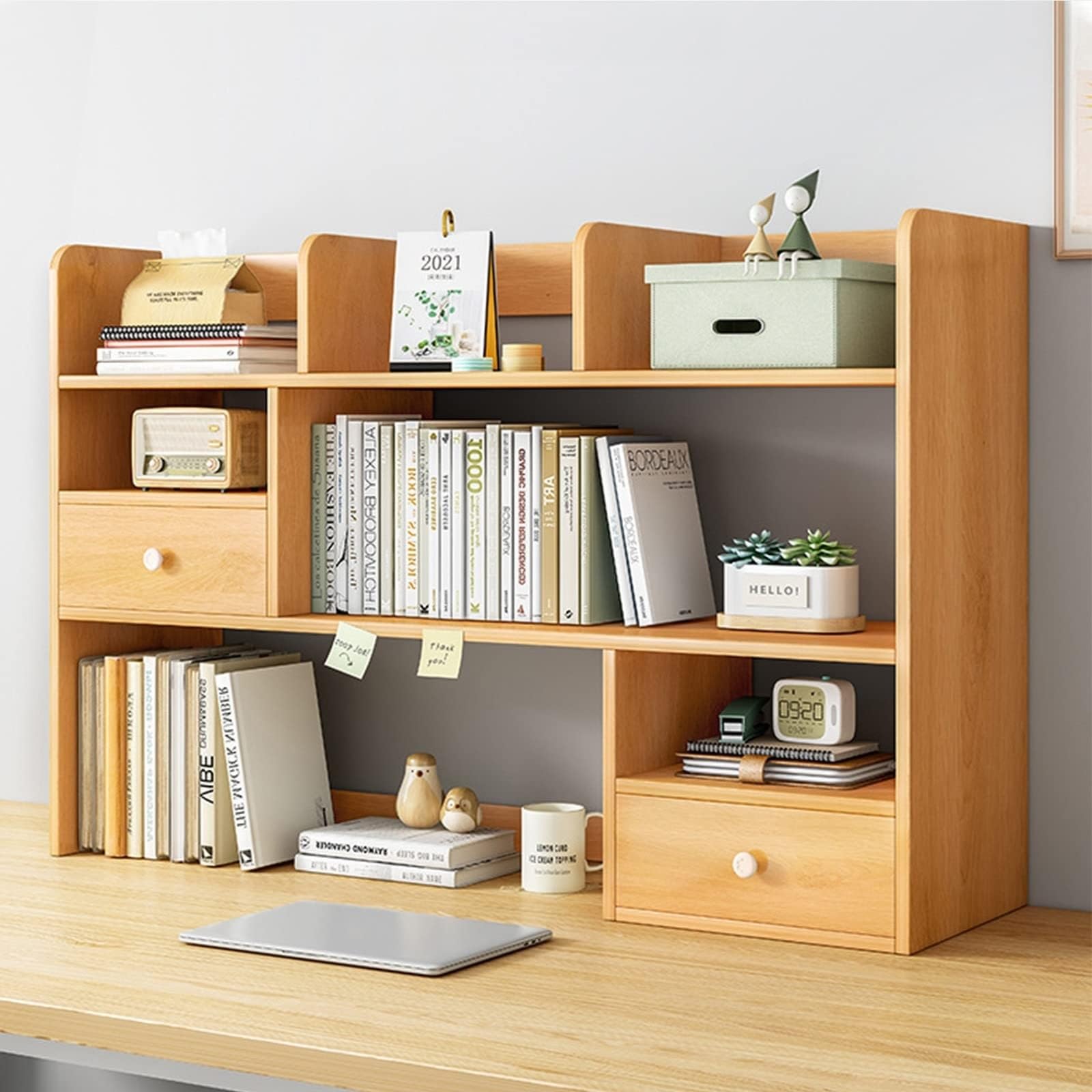 ASerZenith Desktop Bookshelf Bookshelf - Desktop Countertop Bookshelf, Multi-layer Desktop Bookshelf with Drawers, Solid Wood Computer Desk Bookcase,
