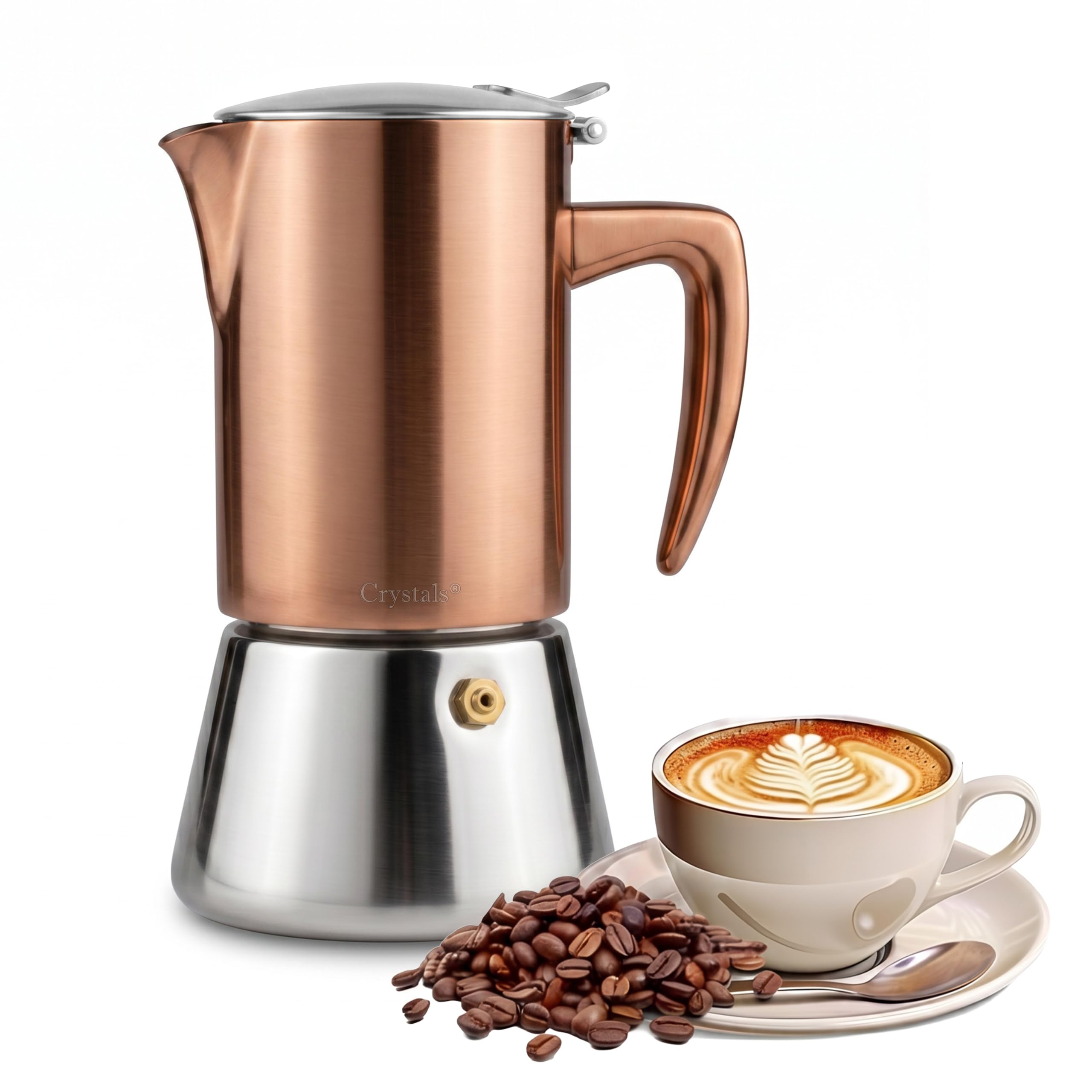 Crystals Cafetera espresso de acero inoxidable con acabado de cobre, olla Moka de 6 tazas (300 ml), cafetera italiana para inducción, cocinas de gas y eléctricas, percolador de espresso con válvula de