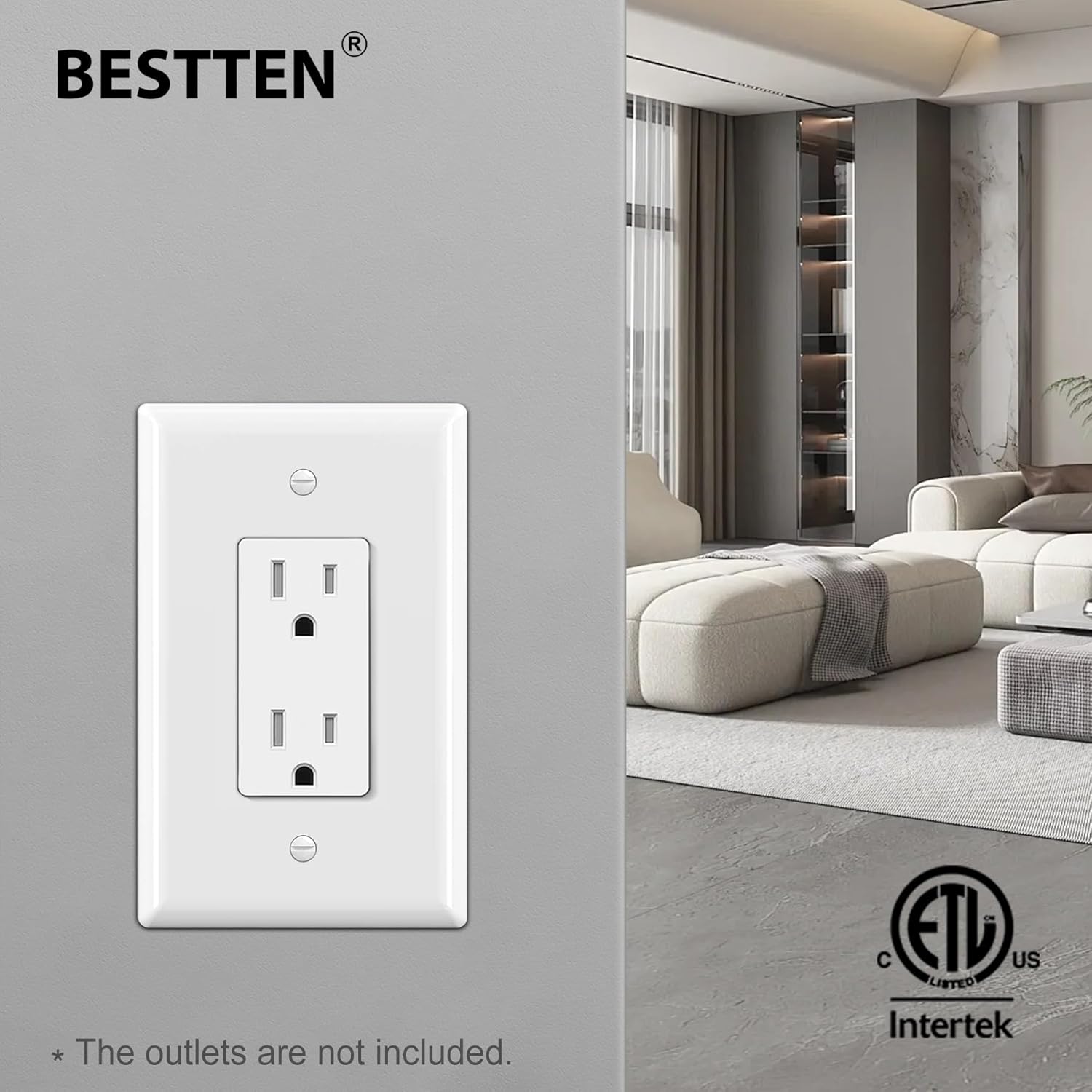 BESTTEN 50 Pack 1-Gang Jumbo Decor Wall Plate, Oversize Unbreakable Polycarbonate Decorator Receptacle Outlet Cover and Oversized Switch Plate, White, ETL listed