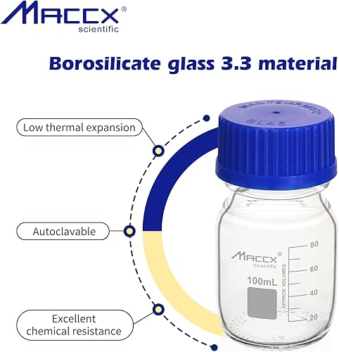 Miniatura 3 de Botellas redondas de vidrio de 3.4 onzas (3.4 fl oz), botella de vidrio de borosilicato resistente con tapa de rosca GL45, paquete de 6,
