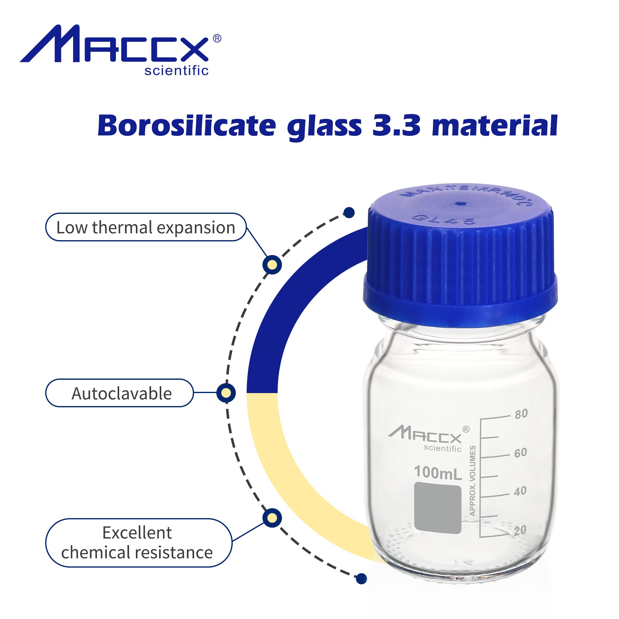 GL45RB100-012 - Botellas redondas de vidrio de borosilicato resistente con tapa de rosca GL45, paquete de 12 unidades