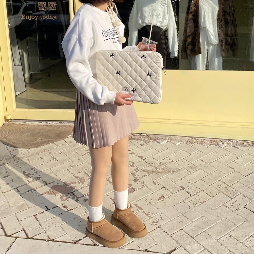 Puffy Laptop Sleeve Case Cute Quilted Computer Bag, 13 Inch Bow Embroidery Printed Laptop Carrying Cases, Coquette Aesthetics Protective Cover, Compatible with 11"" 13"" 15"" Notebook, White - Image 2