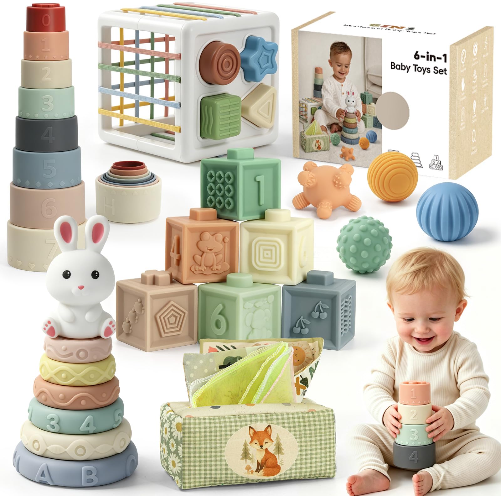 Anook Juguetes Montessori Bebes 6-12 Meses,6 en 1 Juguetes Bebe 6 8 9 Meses | Juguetes Sensoriales,Caja Pañuelos Bebe,Juguete Apilables,Caja de Clasificación,Pelotas Sensoriales,Regalo Bebe 6-12 Meses