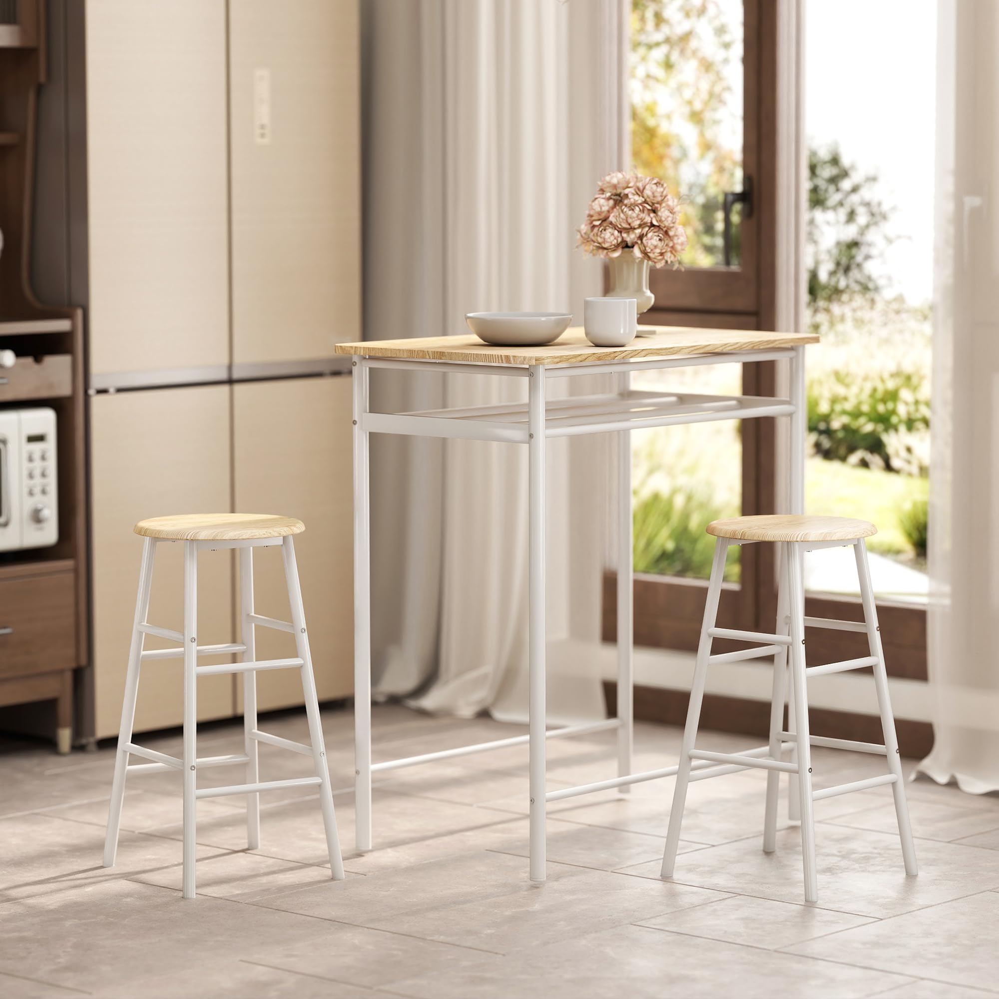 HOMCOM Juego de Mueble de Bar Set de Mesa Alta y 2 Taburetes con Estante de Almacenamiento y Marco de Metal para Cocina Comedor 80x50x90 cm Blanco