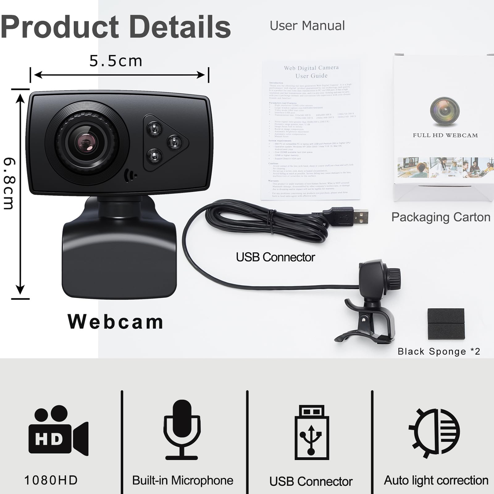 Webcam Full HD 1080p con microfono a cancellazione del rumore e correzione automatica della luce, grandangolo 110, fotocamera USB Plug & Play per laptop/desktop/Mac/Zoom/Skype/Teams