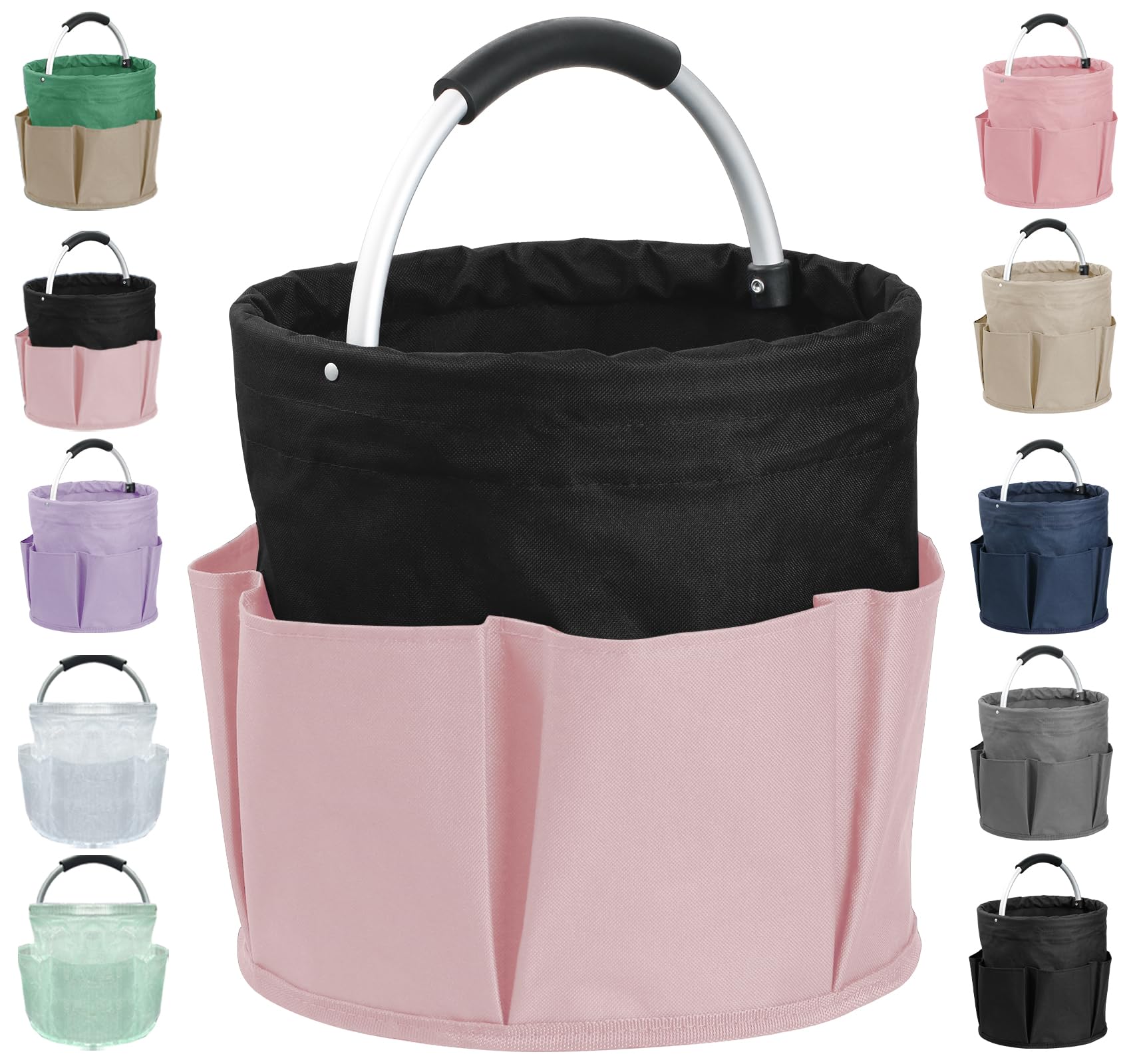 IHOMAGIC 17L Foldable Cleaning Caddy Organiser, Storage Organiser with 6 Pockets, Portable Tool Bucket in 600D Oxford Cloth, Multifunctional Storage Basket for Showering, Outdoor, Black with Pink
