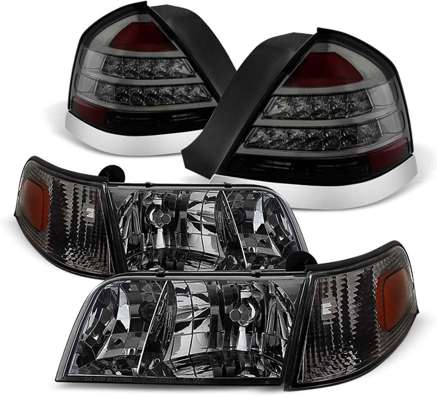 AKKON - Fits 1998-2011 Ford Crown Victoria Sedan Models Smoked Headlights + LED Smoke Tail Brake Lamps Pair Driver+Passenger
