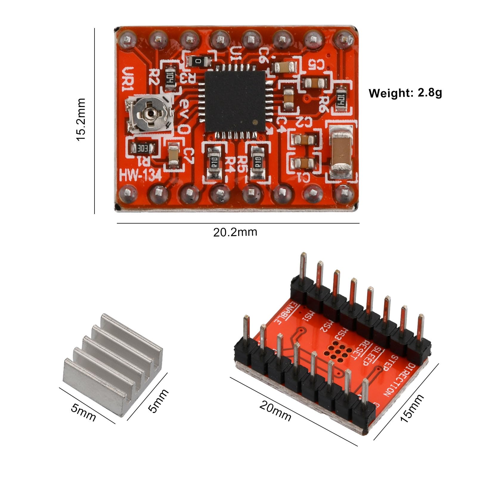 Heemol 5 STÜCKE A4988Stepper Motor Drive Board Modul 4-Layer Schrittmodul mit Mini-Kühlkörper für 3D-Drucker.
