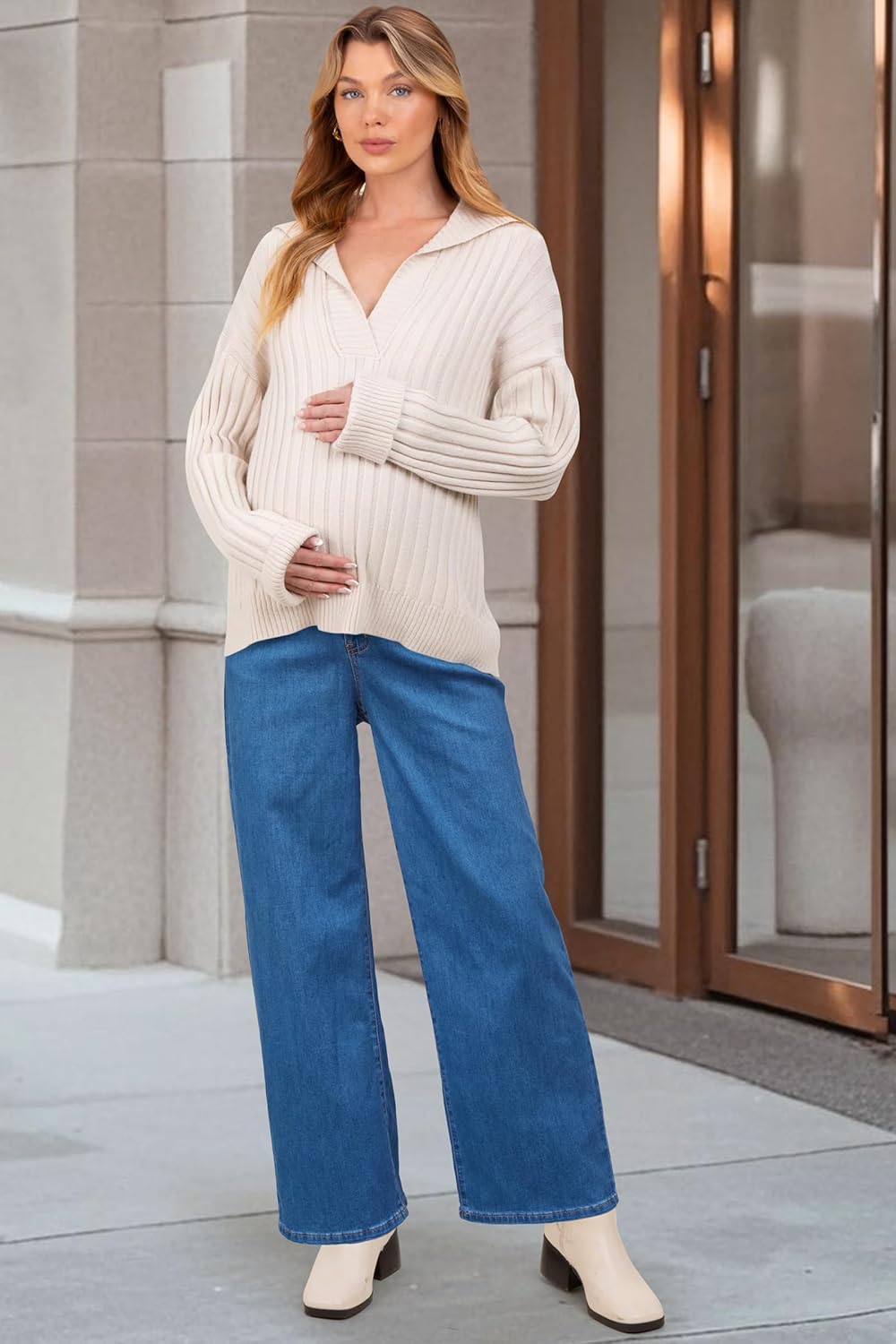 OUGES Womens Adjustable Waistband Cotton Blend Stretchy Maternity Jeans Loose Fit Straight Leg Denim Wide Leg Work Pants - Image 5