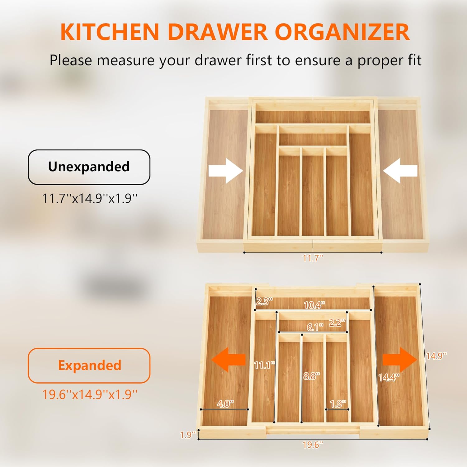 Expandable and Adjustable Bamboo Drawer Organizer Tray - Cutlery Drawer Organizer for Kitchen Utensils, Silverware Organizer with Dividers, 7-9 Slots with Curved Grooves (Natural) - Image 2