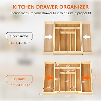 Expandable and Adjustable Bamboo Drawer Organizer Tray - Cutlery Drawer Organizer for Kitchen Utensils, Silverware Organizer with Dividers, 7-9 Slots with Curved Grooves (Natural)