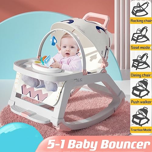 Miniatura 2 de Asiento inflable para bebé 5-1, silla mecedora portátil con ruedas, bandeja de aperitivos de juguete y toldo para exteriores, para niños pequeños,