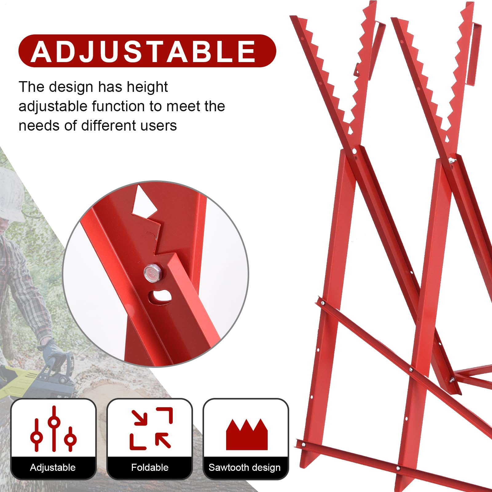 Chevalet de sciage en métal réglable en hauteur et pliable 80 x 80 cm – Pour troncs de bois jusqu'à 40 cm de diamètre | Support de scie avec dents de maintien pour une coupe sûre du bois | Tréteau de