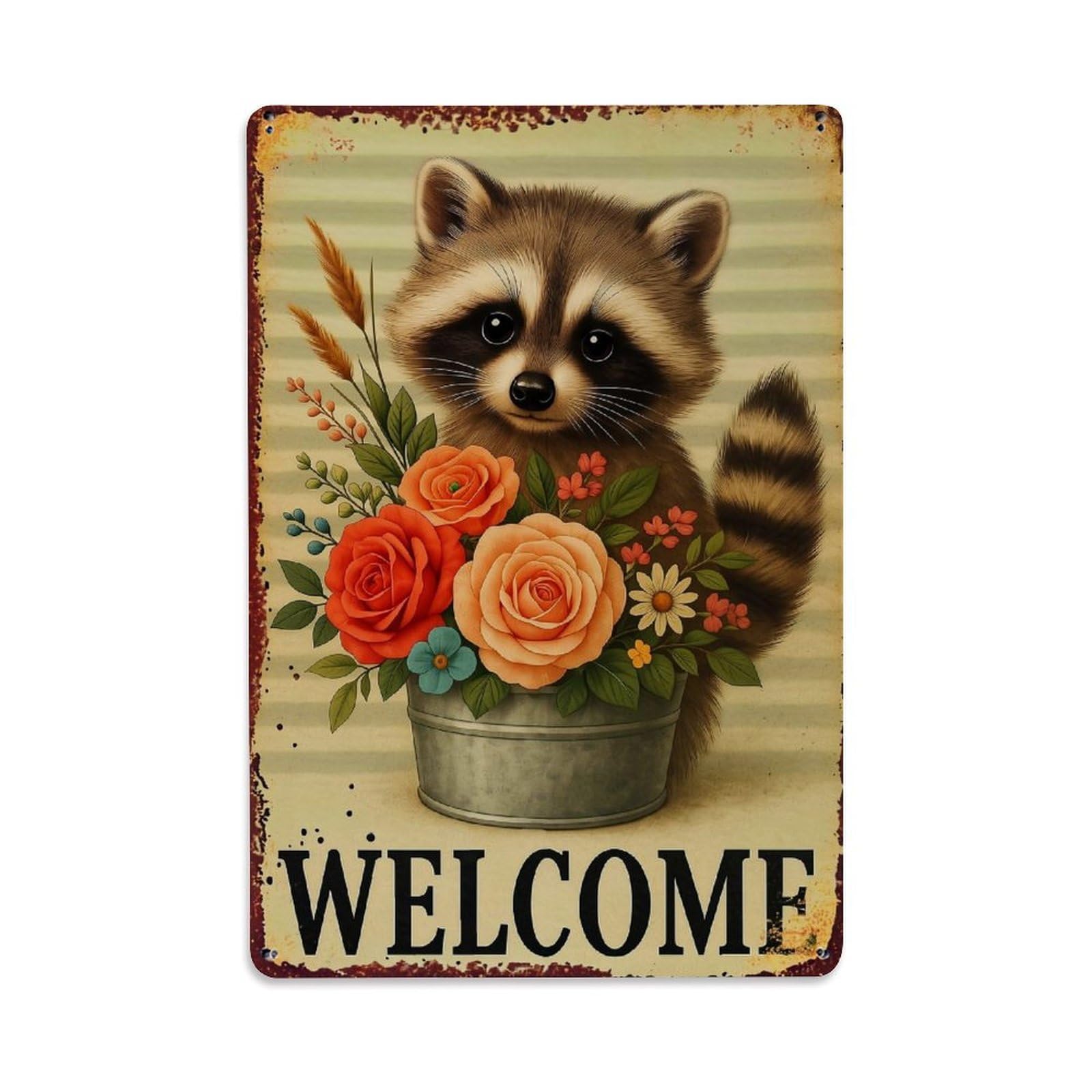 Nestemfo Vintage Cute Raccoon With Flower Bucket Tin Sign Metal Sign, Living Room,Bar, Home, Bedroom Wall Decor,Retro Metal Poster 8X12 Inches