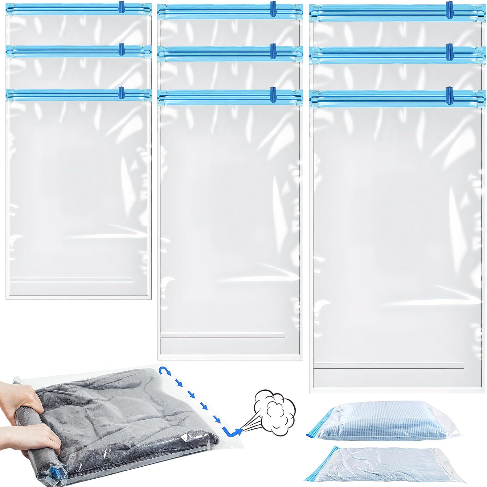 9 Pack Roll Up Vacuum Bags, 3 Size Vacuum Storage Bags, Space Saver Bag for Travel, Reusable Storage Packing Bag for Suitcases, No Pump Or Vacuum Needed