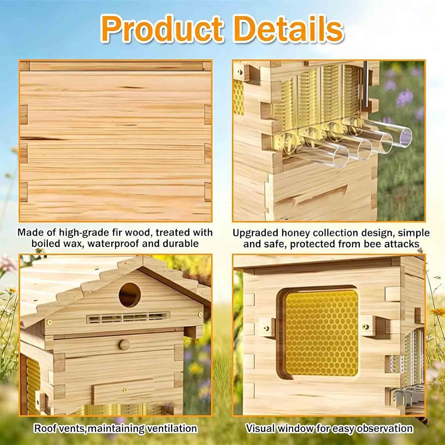 Kit di avviamento per Apicoltura in Stile Kit di avviamento per arnia Completo con Finestra di osservazione Trasparente e beccuccio per Miele a Rilascio Facile,01,65.5x38x25.5 cm