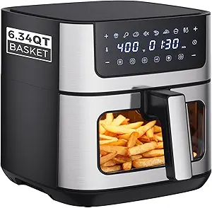 OLIXIS 6.34 Quart Air Fryer with Window, 8 Food Presets, 400°F Max Heat, 90-Minute Timer, Nonstick Dishwasher-Safe Basket, Stainless Steel, Black