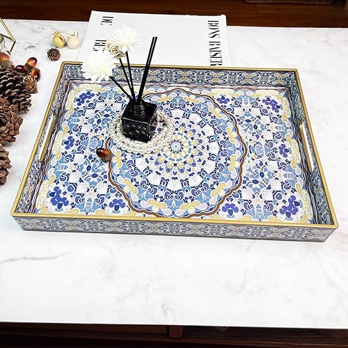 Miniatura 2 de Umisriro Bandeja decorativa azul, bandeja para servir con asas, bandeja grande de plástico para mesa de café, sala de estar, decoración, 15.7 x 11.8