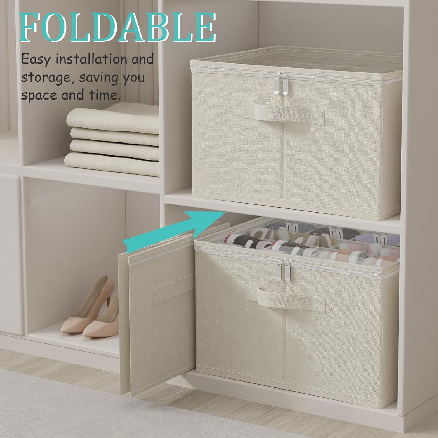 Shoe Storage Bins, 2 Pack Closet Organizers System with Clear Cover and Reinforced Handles, Fits 16-32 Pairs, Foldable Clothes Basket, 21 x 16.5 x 13 In, Beige, XSNX01BEL-2