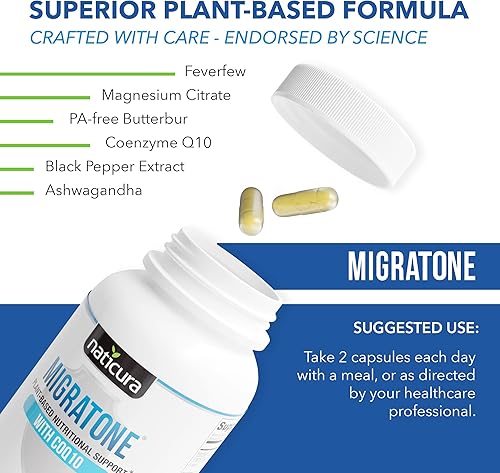 Miniatura 6 de Migratone Alivio de la migraña - Vitamina natural para aliviar el dolor de cabeza - Suplemento de migraña con PA - Butterbur, magnesio, vitamina B2