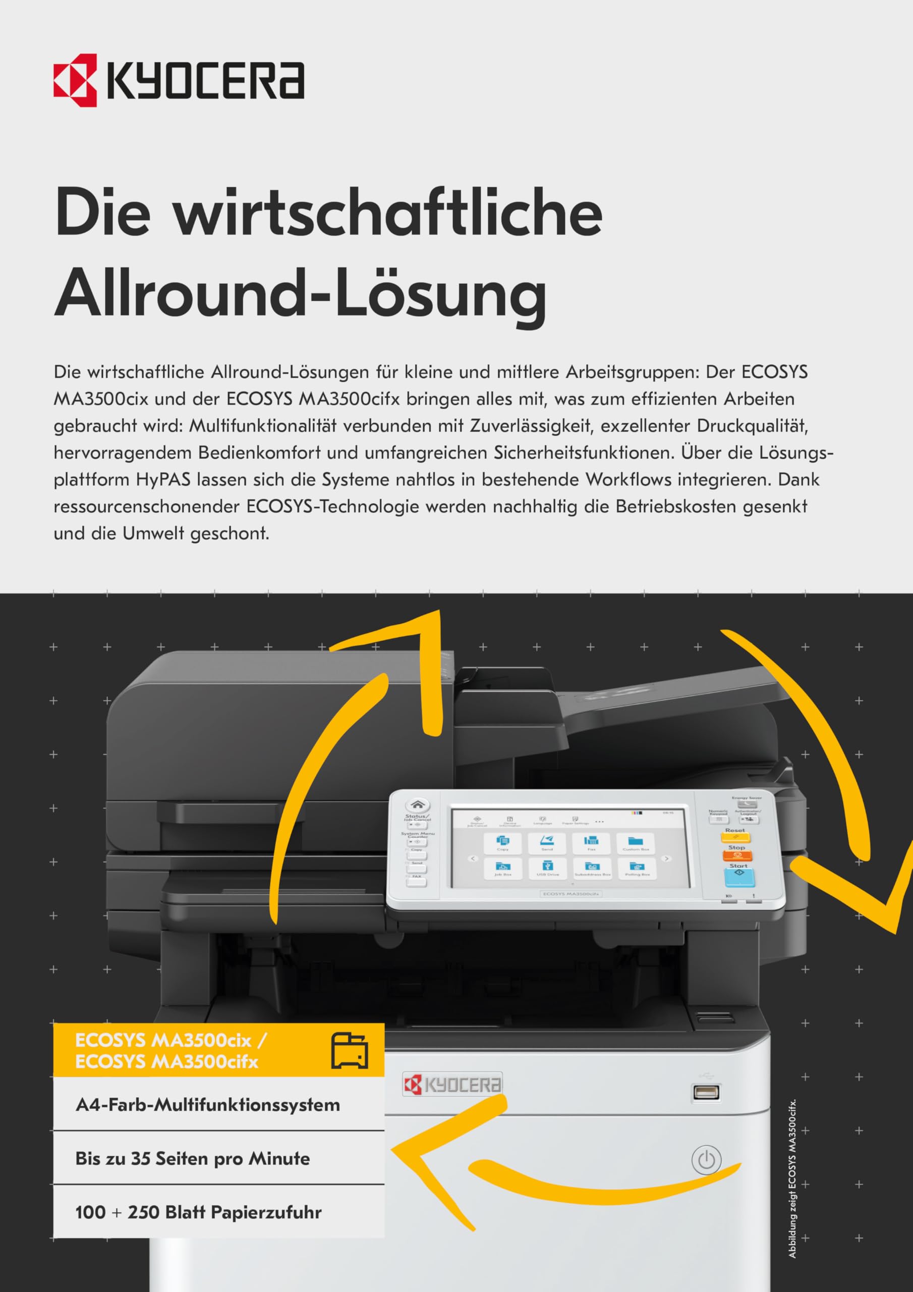 Kyocera Ecosys MA3500cifx Farblaserdrucker Multifunktionsgerät, Duplex, 35 Seiten pro Minute Drucker Scanner Kopierer, Faxen, Laserdrucker Multifunktionsgerät, Touchpanel, Gigabit LAN, Mobile Print