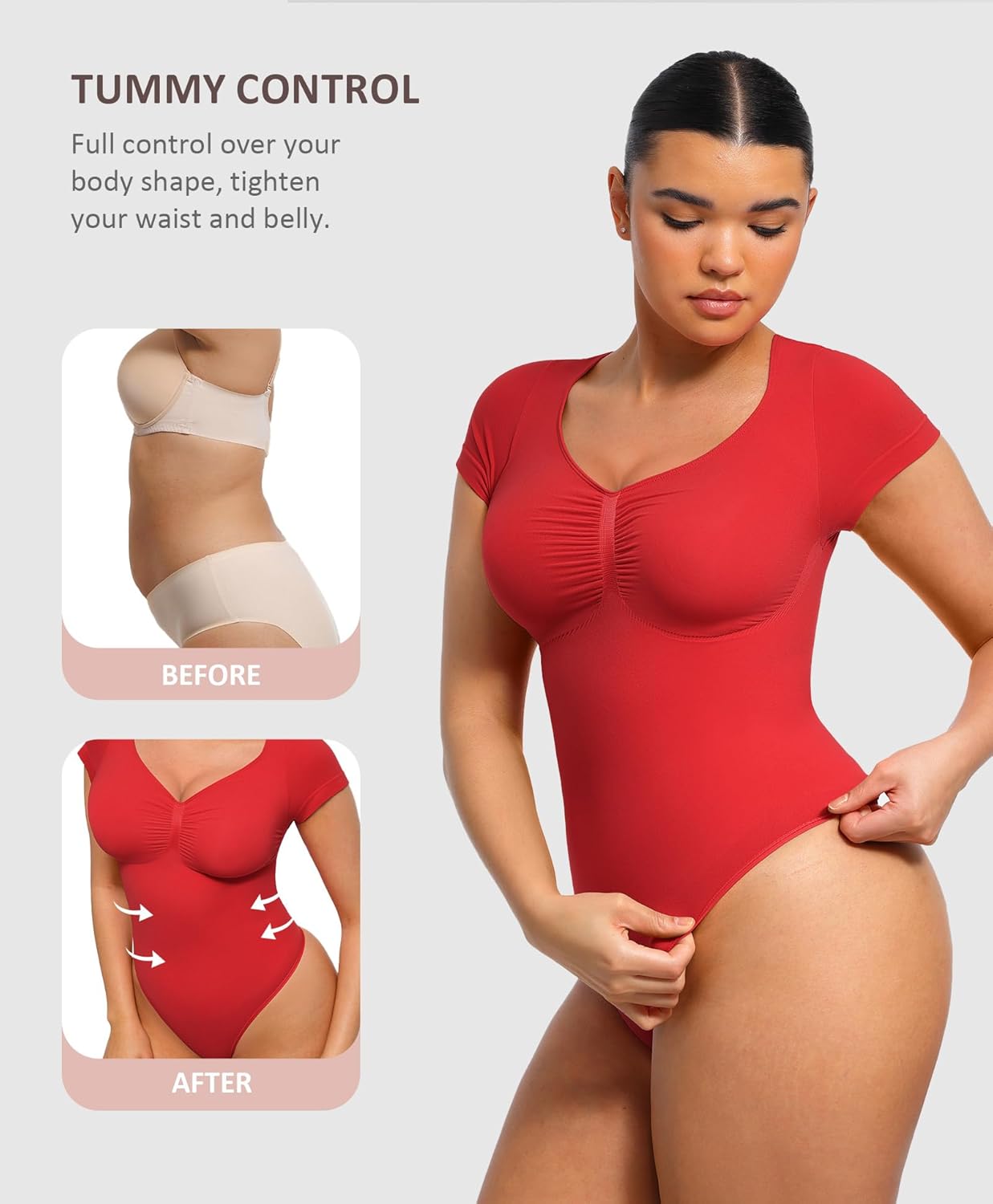 FeelinGirl Short Sleeve Bodysuit for Women V Neck Tummy Control Shapewear Seamless Thong Body Suits Tops - Image 5