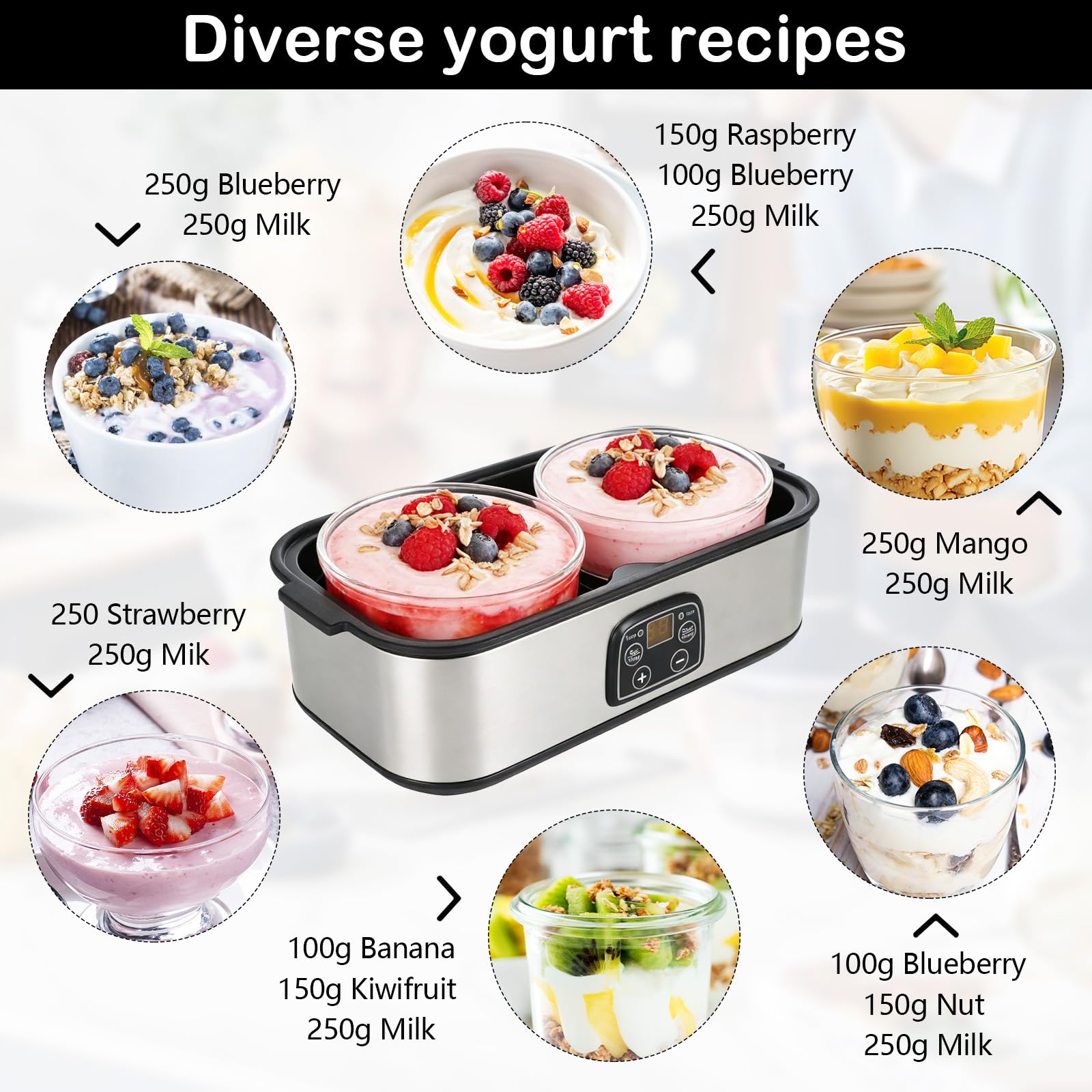 Joghurtbereiter 2L, Joghurt Machine, Digitale Joghurtmaschine aus Edelstahl, Automatischer Joghurt Maker für DIY selbstgemachten Joghurt, Käse oder Natto zu Hause (2 x 1L Gläsern)