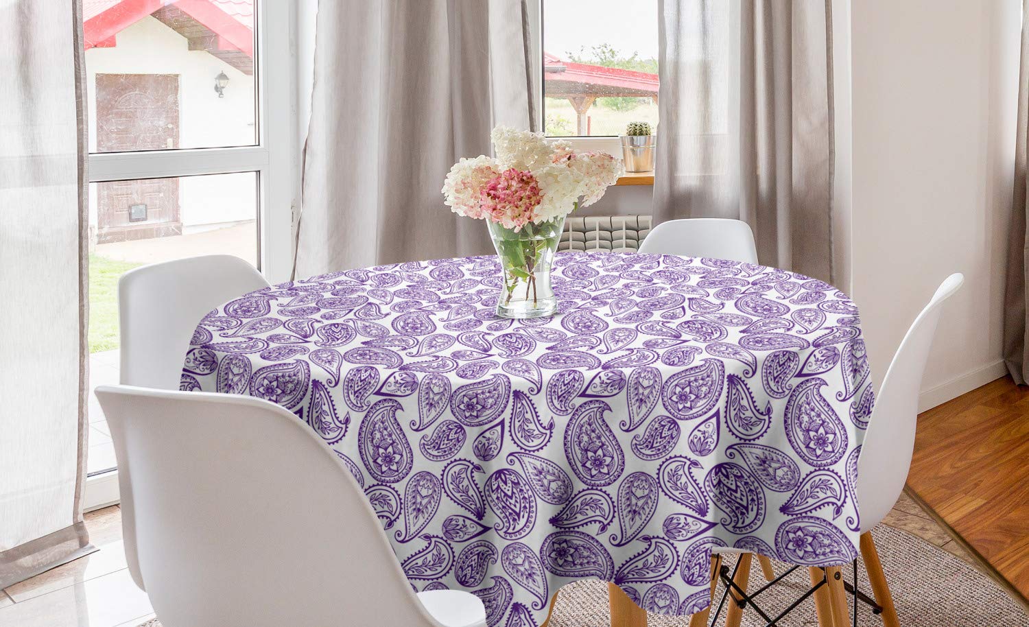 Ambesonne Paisley Round Tablecloth, Illustration of Middle Eastern Leaves in Lilac Tones Tattoo Mystic Bohemian, Circle Table Cloth Cover for Dining