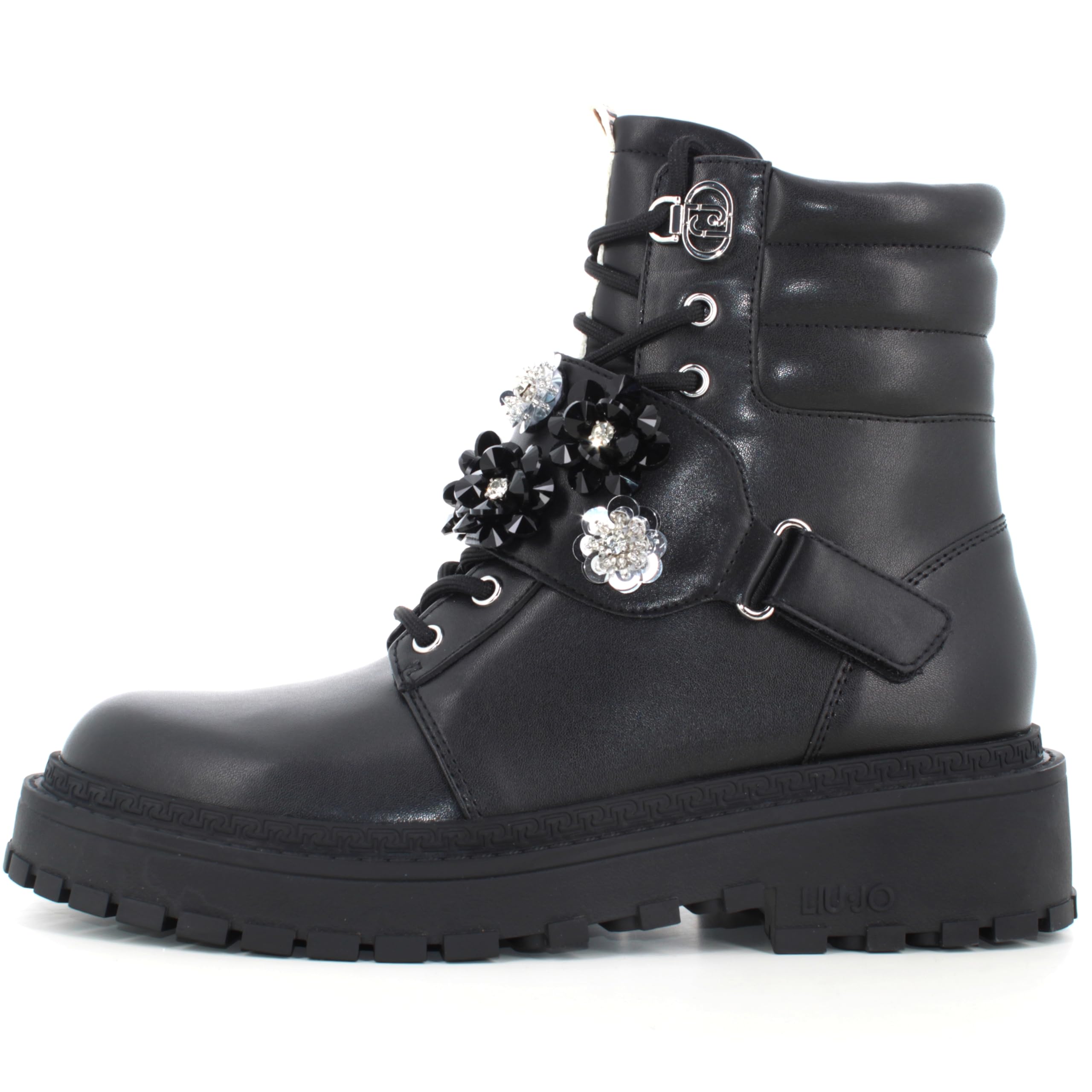 Liu Jo Botas Militares con Flores de Cristal, Negro, Cuero, Suela de Goma, Estilo Combat (Negro, Mediano, Sistema tallas calzado EU, Adulto, Números, mediano, 39)