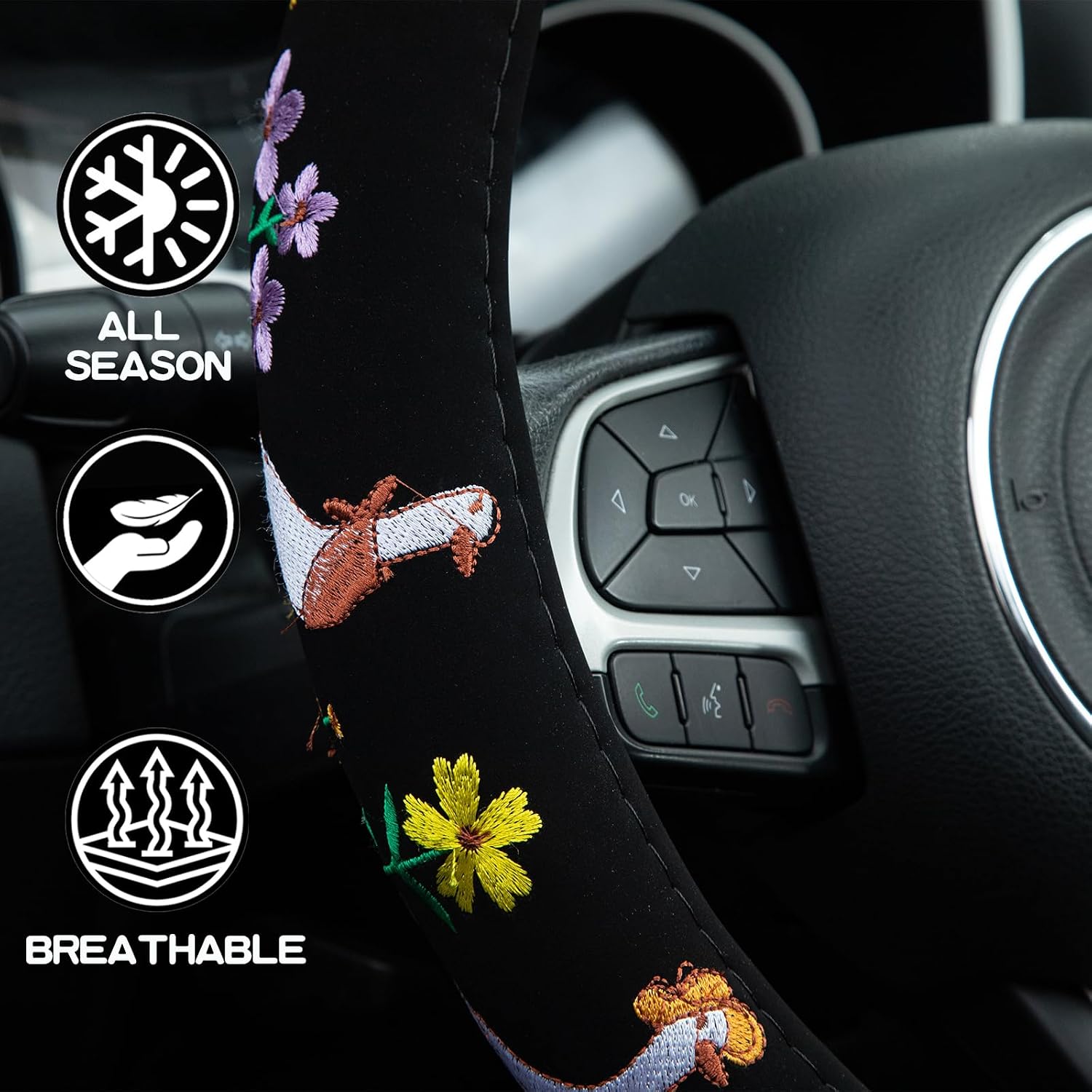 Embroidered Goose Cute Black Steering Wheel Cover, Auto Anti-Slip Breathable Steering Wheel Protector, Goose Car Accessories for Women,Universal Size Fit Most Cars -15 inch