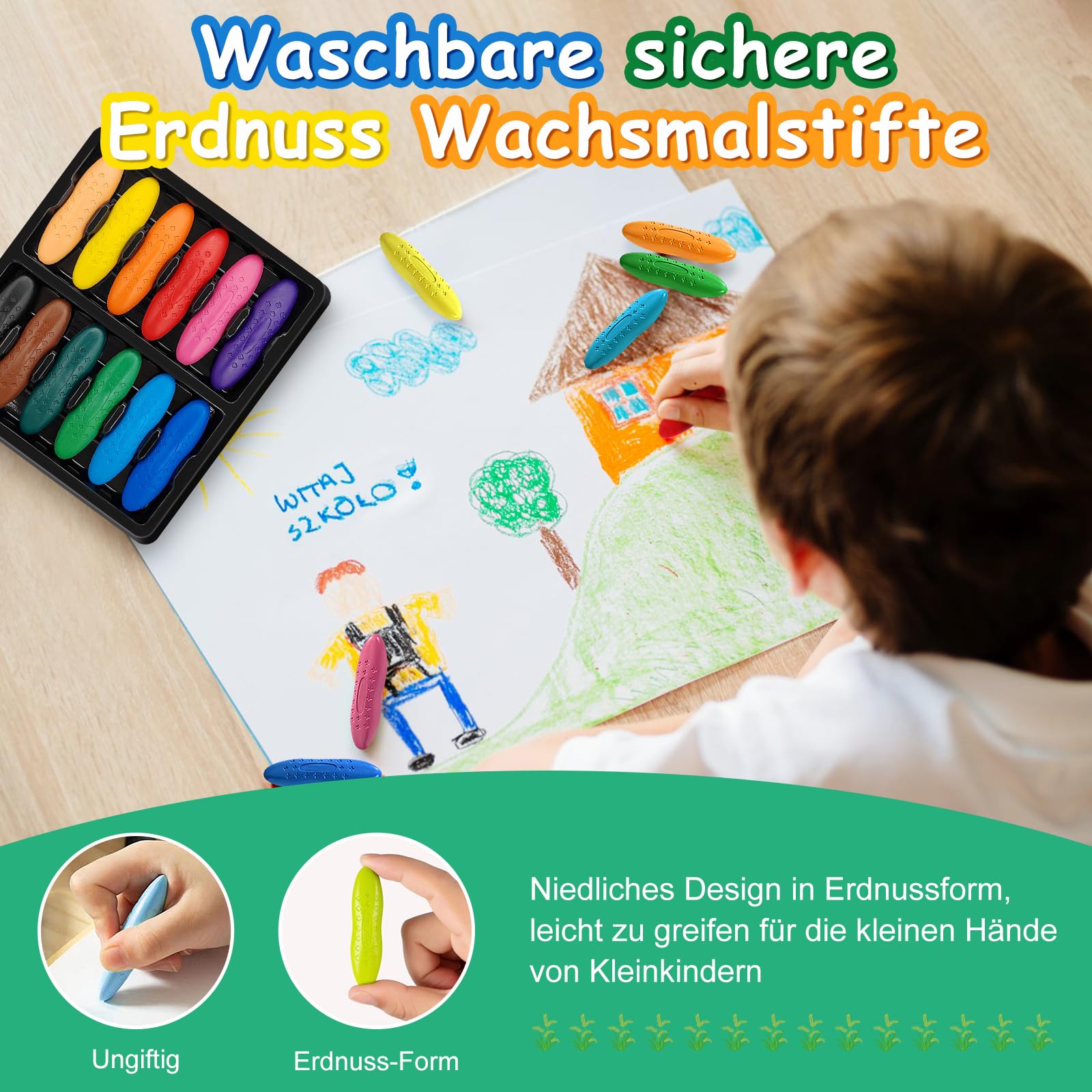 Crayons Bébé 12 Couleurs - Forme Cacahuète Facile à Tenir - Non Toxiques Et Lavables - Dès 1 An Jusqu'à 4 Ans