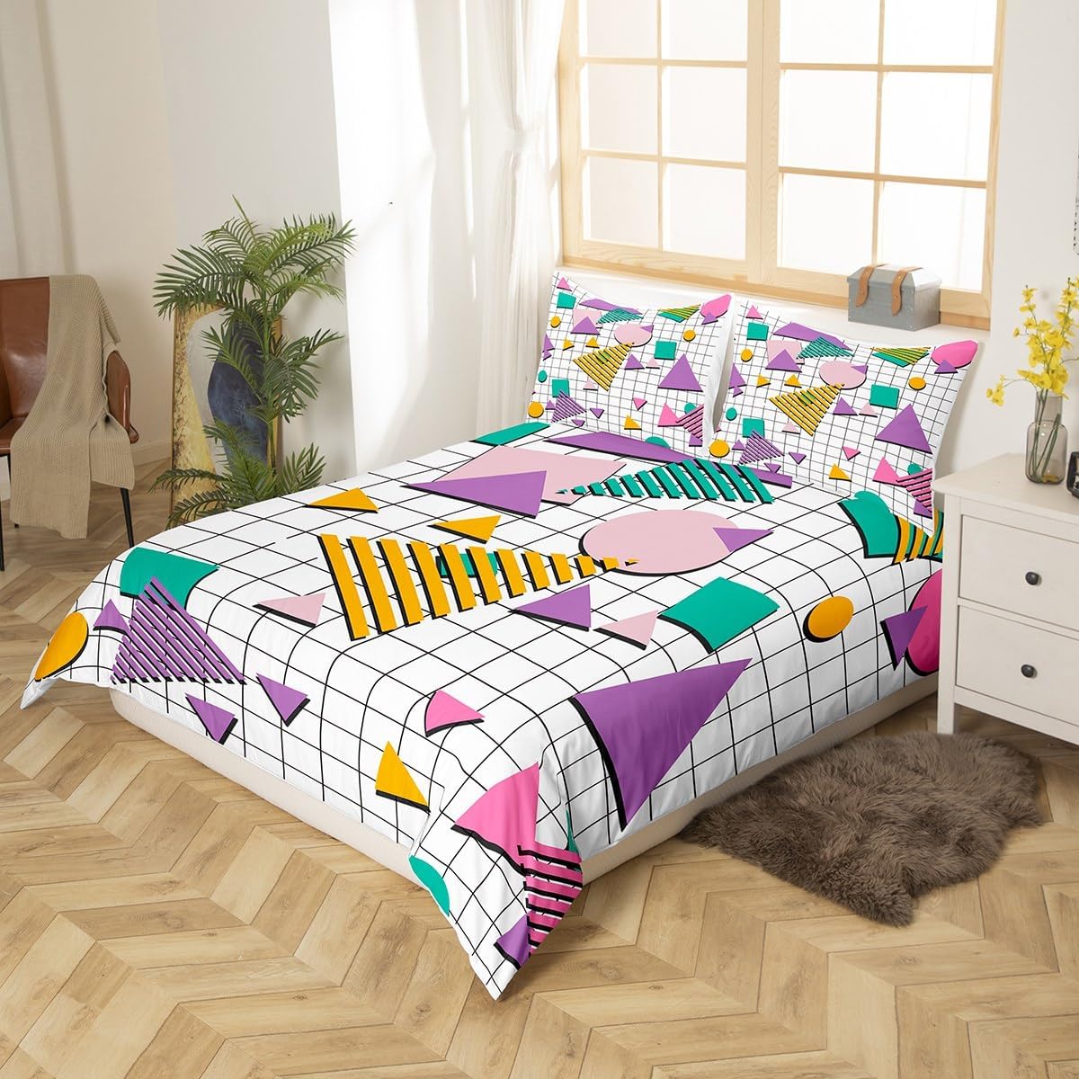 jejeloiu 80s 90s Memphis Bedding Set Full Size Memphis Geometric Comforter Cover Set for Kids Teens Adults Grid Retro Fashion Style Duvet Cover Purple Abstract Bedspread Cover with 2 Pillow Case