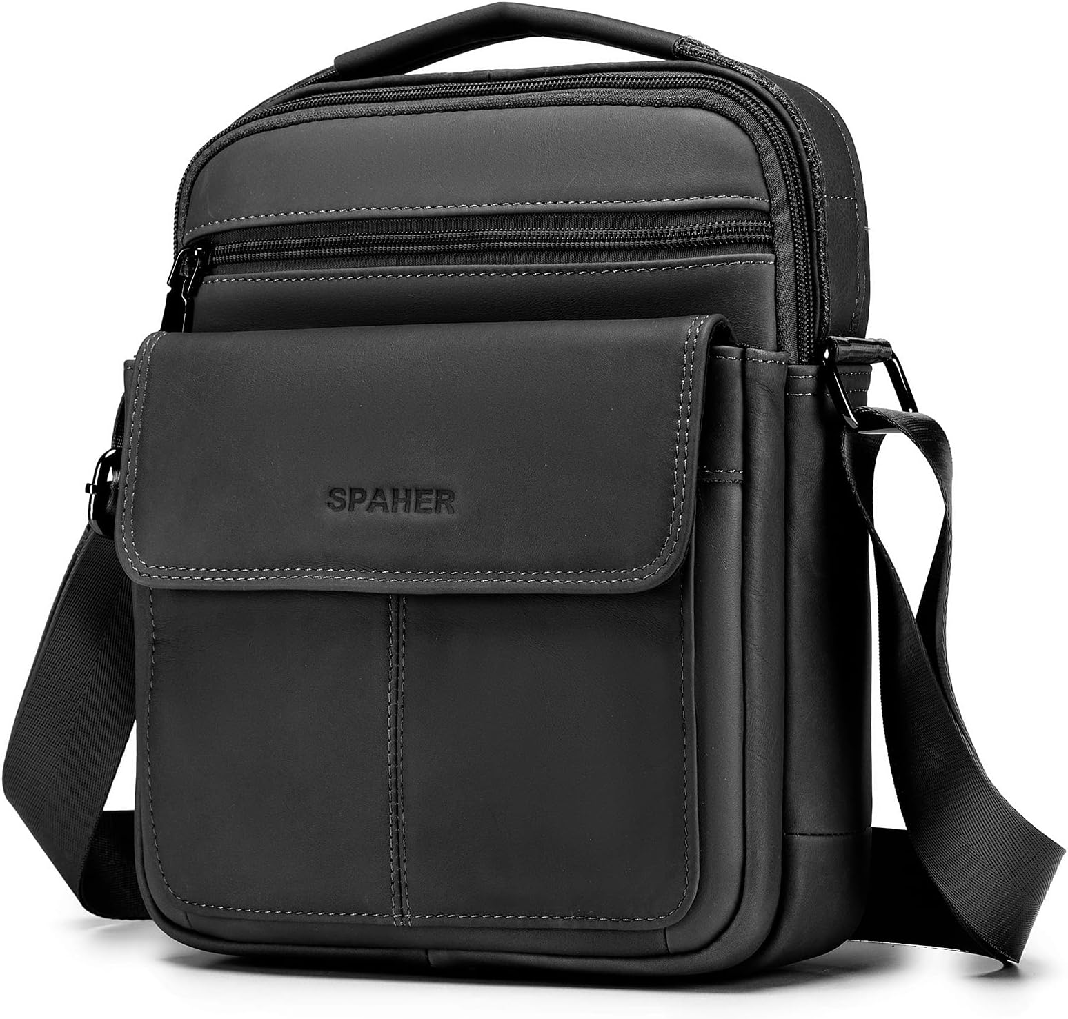 SPAHER Men Leather Handbags Shoulder Bags Messenger Business Bag Crossbody Satchel Sling Bag Waterproof Travel Bag Daily Man Bags for Men with Adjustable Shoulder Strap for Ipad 11 Inch