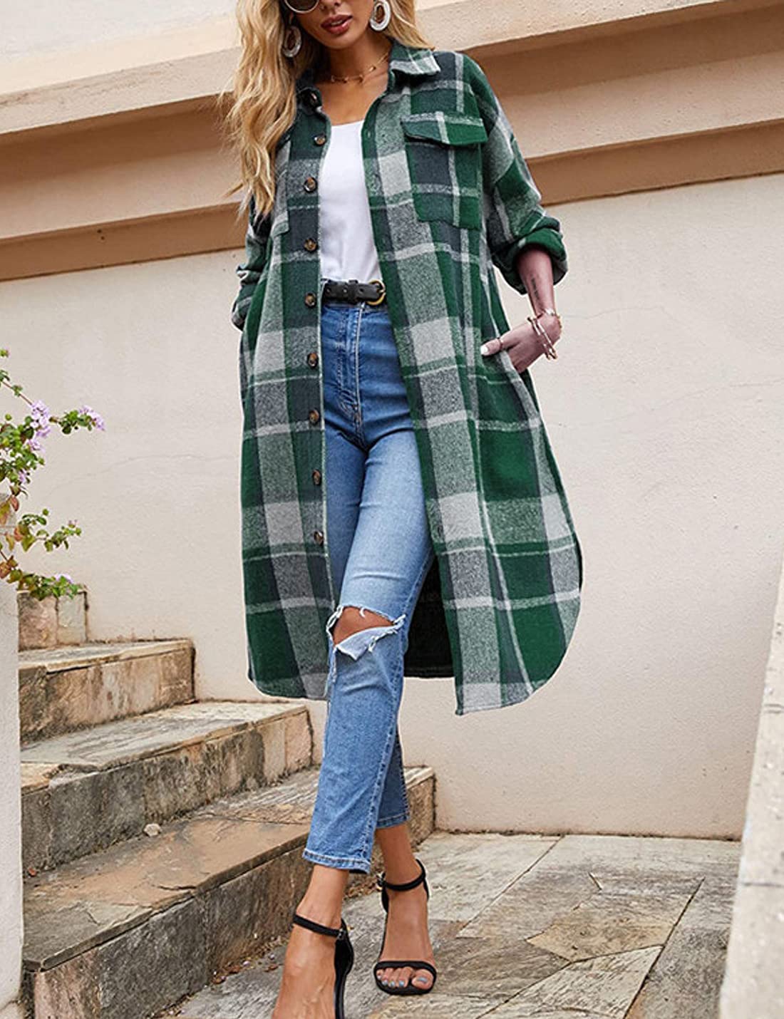 Sukany Lässiges Damen-Hemd mit Revers, Wollmischung, lang, kariert, Knopfleiste, langärmelig, Jacke