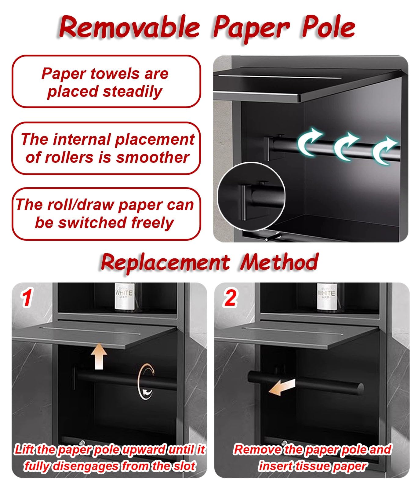 Vibeo Portarrollos Empotrable Portarrollos de Papel Higiénico Empotrado Doble, Nicho de Pared para Baño con Estante, Almacenamiento de Rollos de Papel Higiénico Integrado(Black,S)