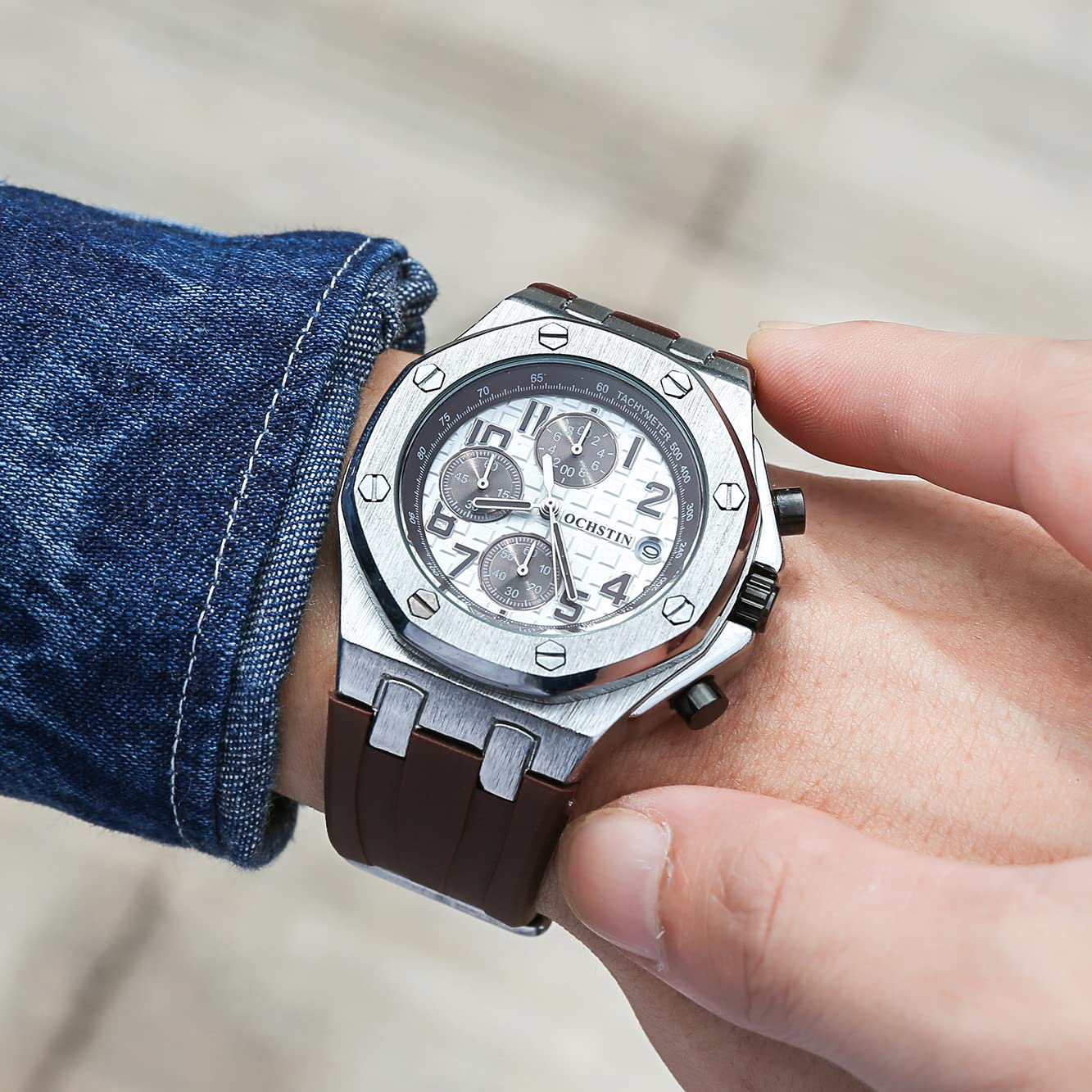 TEINTOP Ochstin precyzyjny chronograf męski zegarek biznesowy męski ośmiokątne zegarki, Srebrny brąz, Klasyczny