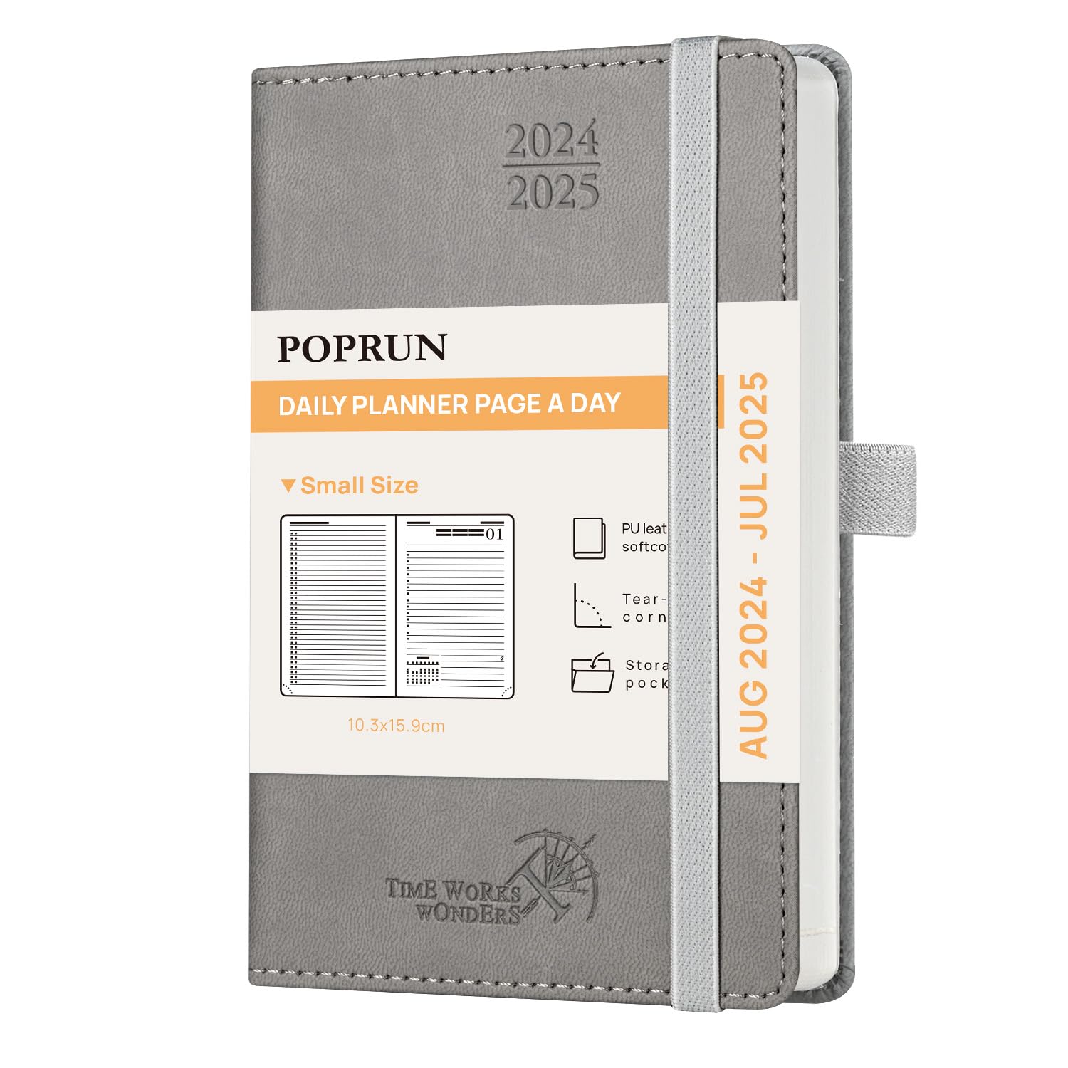 POPRUN Agenda 2024 2025 Dia Por Pagina A6, Diaria 12 Meses 16 x 10,5 cm, Tapa Blanda, Banda Elástica, 70 GSM Papel, Gris