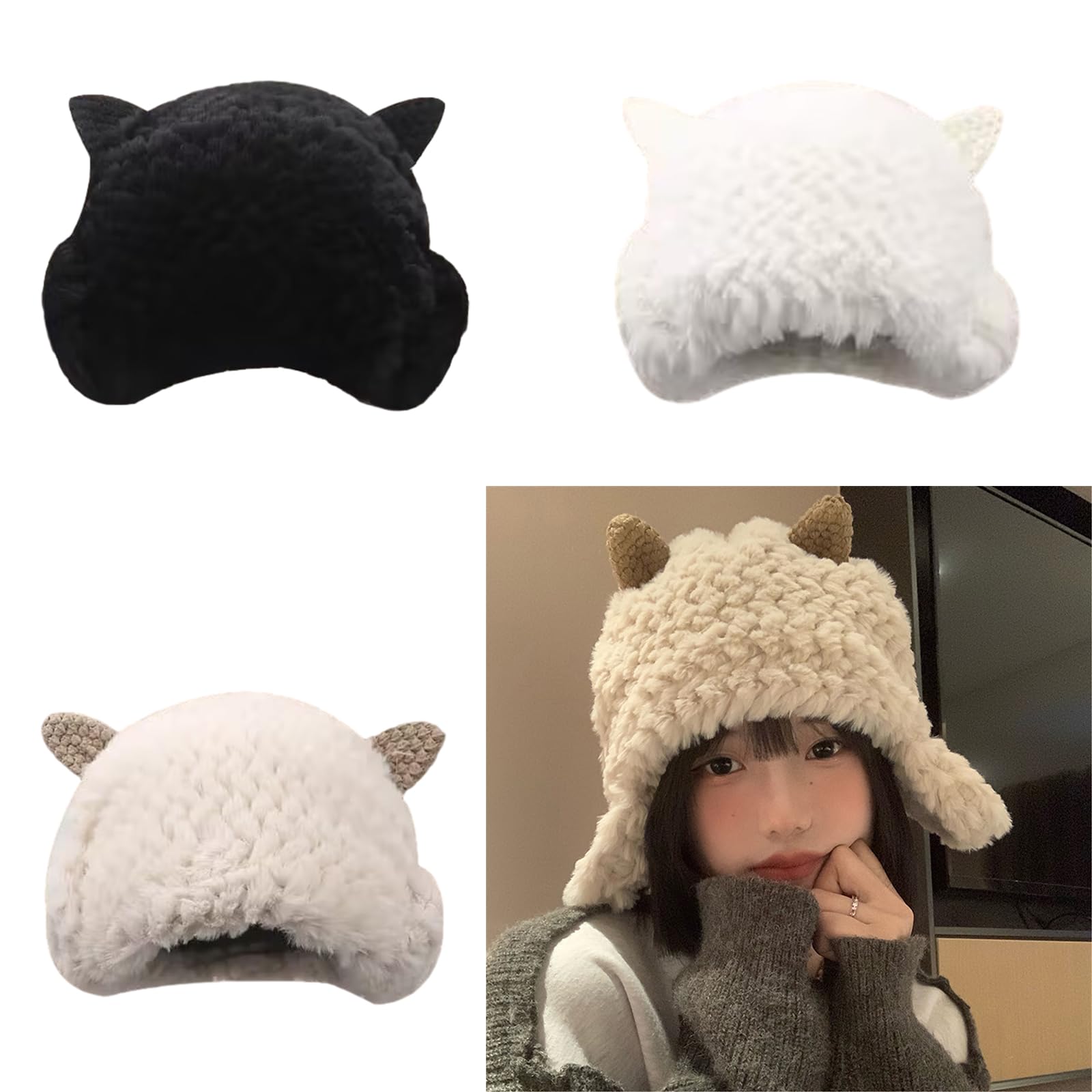 Sheep Ear with Ear Flap Plush Bonnet Hat for Girl Furry Women Windproof Ear Muff Hat for Outdoor Activity Casual Hat Beige