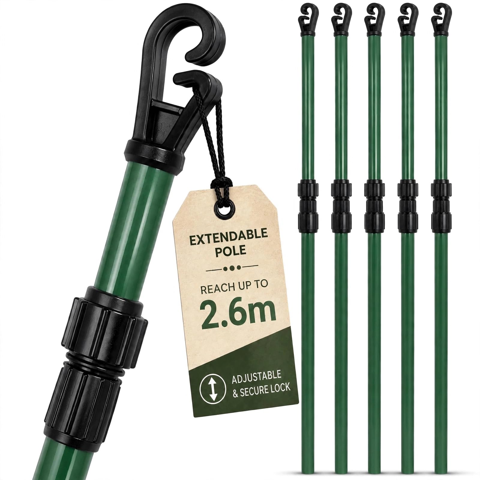 Washing Line Prop Pole 5 Pack 2.4M Telescopic Clothesline Support Heavy Duty Adjustable Garden Laundry Poles with Secure Hook Lock Extendable Outdoor Drying Support for Towels Sheets Bedding