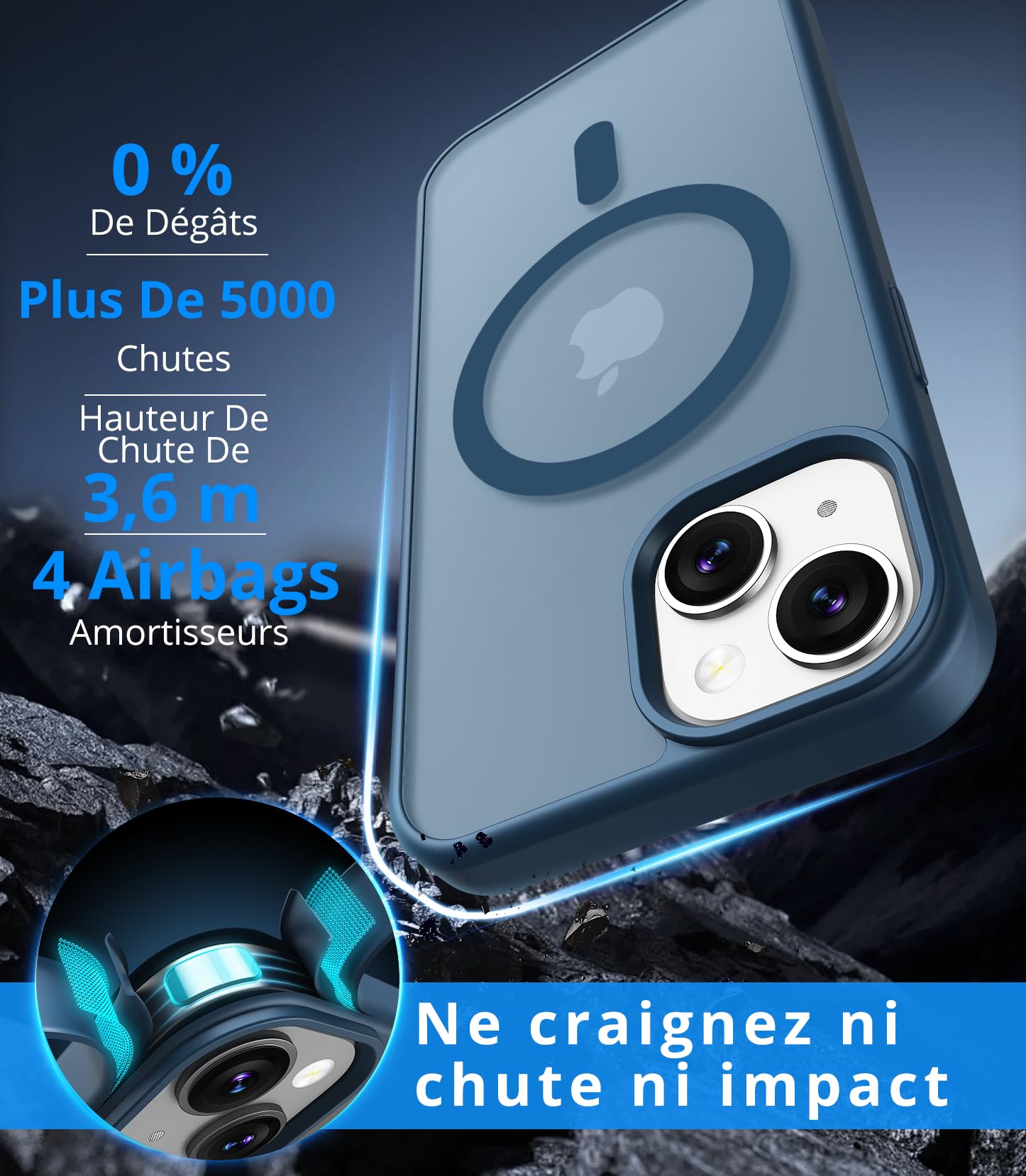 Vansdon Magnétique Coque pour iPhone 13 / iPhone 14 avec 1 Verre Trempé, Compatible avec MagSafe, Protection Contre Les Chutes de qualité Militaire, Coque Mat Translucide Fine Antichoc -Bleu Foncé