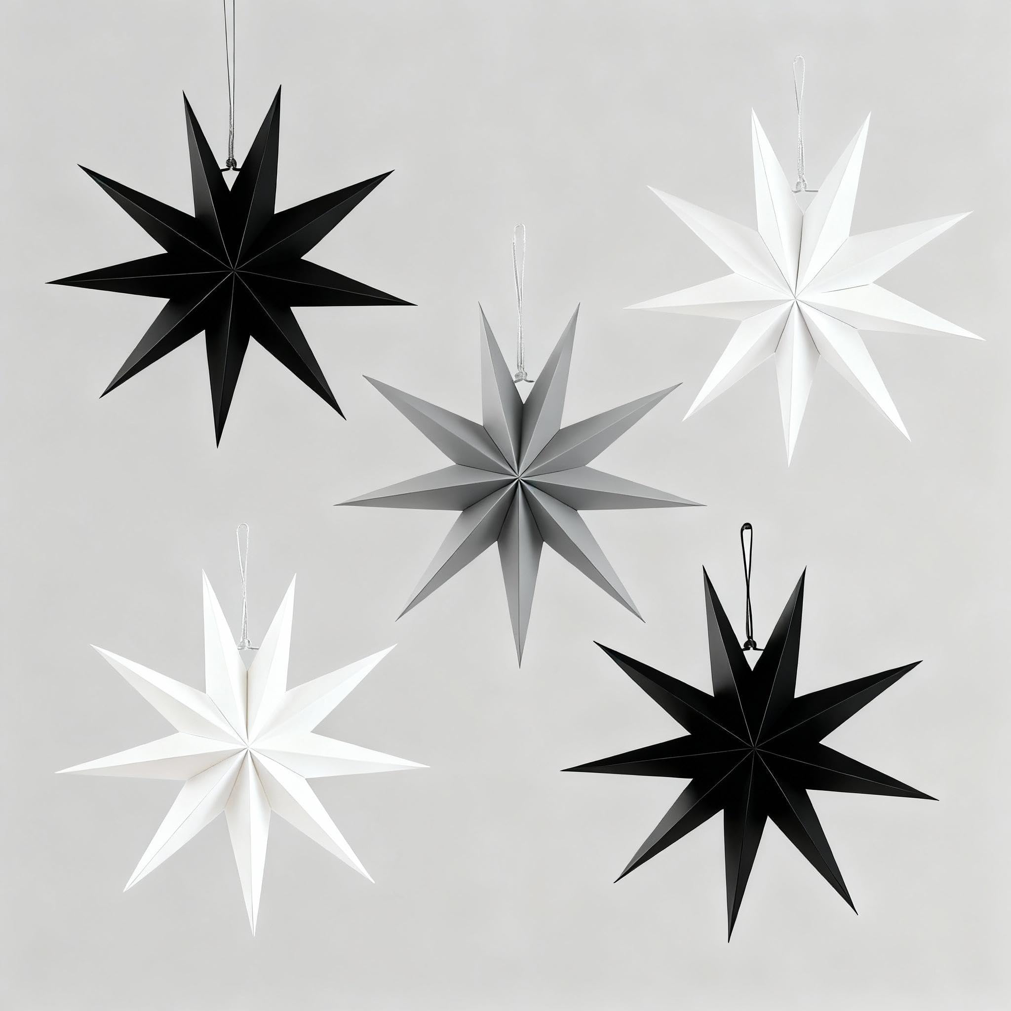 9-Pointed 12 Inch Paper Star Lanterns Christmas Decorations 5PCS, Kizozo Hanging Paper Stars Christmas Ornaments for Indoor/Outdoor Windows, Christmas Tree Ornaments in Black, White & Grey