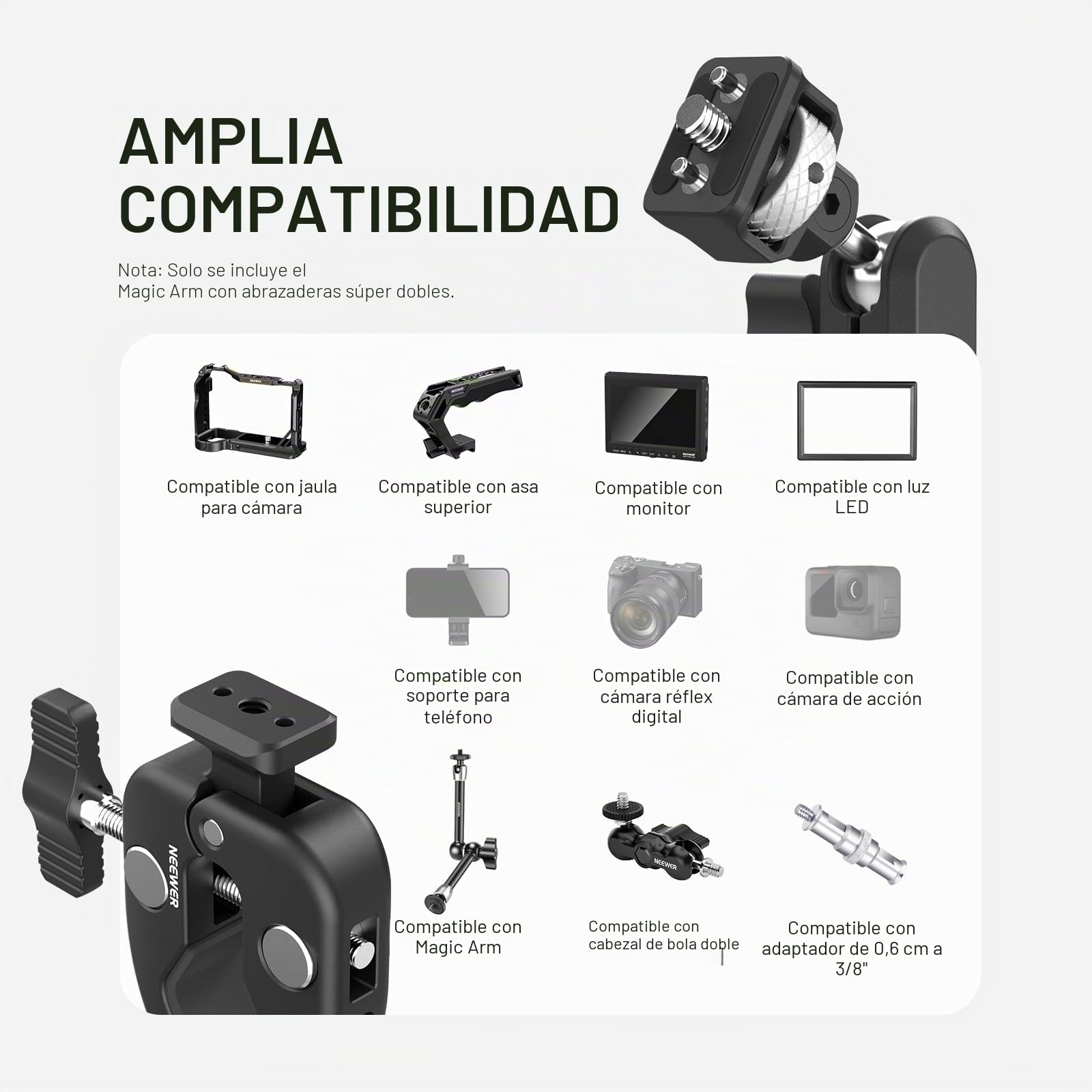 NEEWER Doble Súper Clamp Montaje Cámara con Brazo Mágico, Interfaz NATO, Zapatos Fríos,1/4" Agujeros para ARRI, Abrazadera de Soporte Luz Foto Estudio Escritorio Barra Transversal Paraguas, UA060